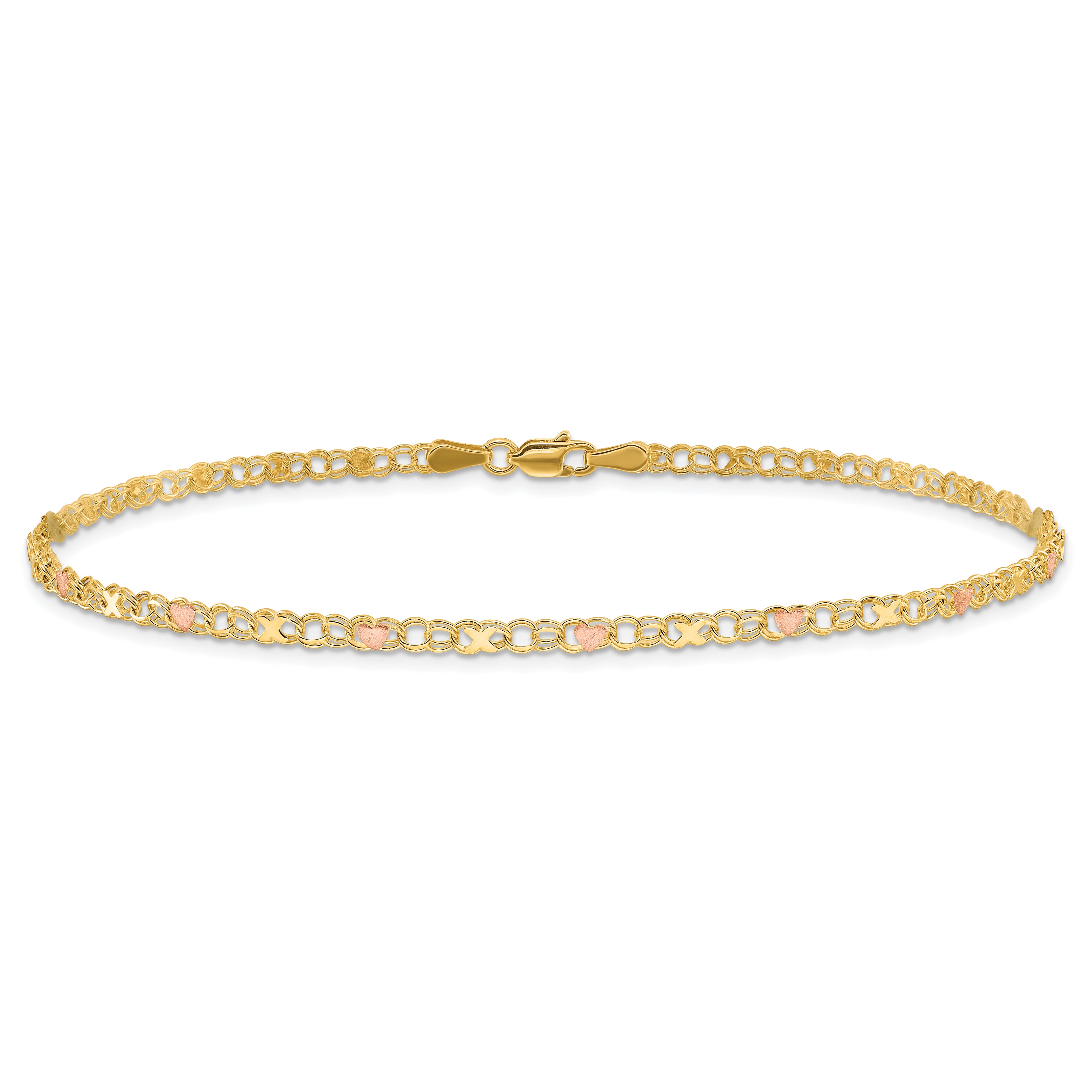 14k Polished and Satin Rose-plated X-and-Heart 10 inch Anklet - Sophia Jewelers