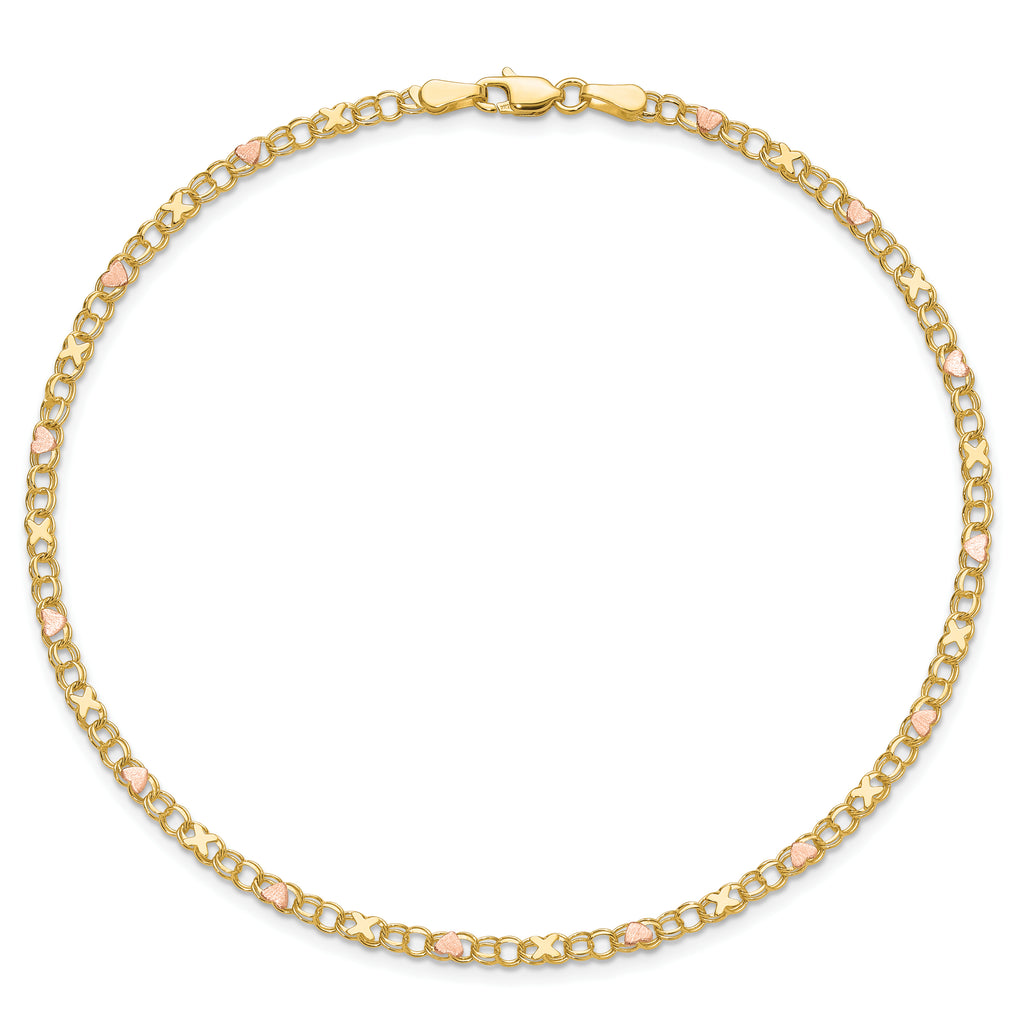 14k Polished and Satin Rose-plated X-and-Heart 10 inch Anklet - Sophia Jewelers