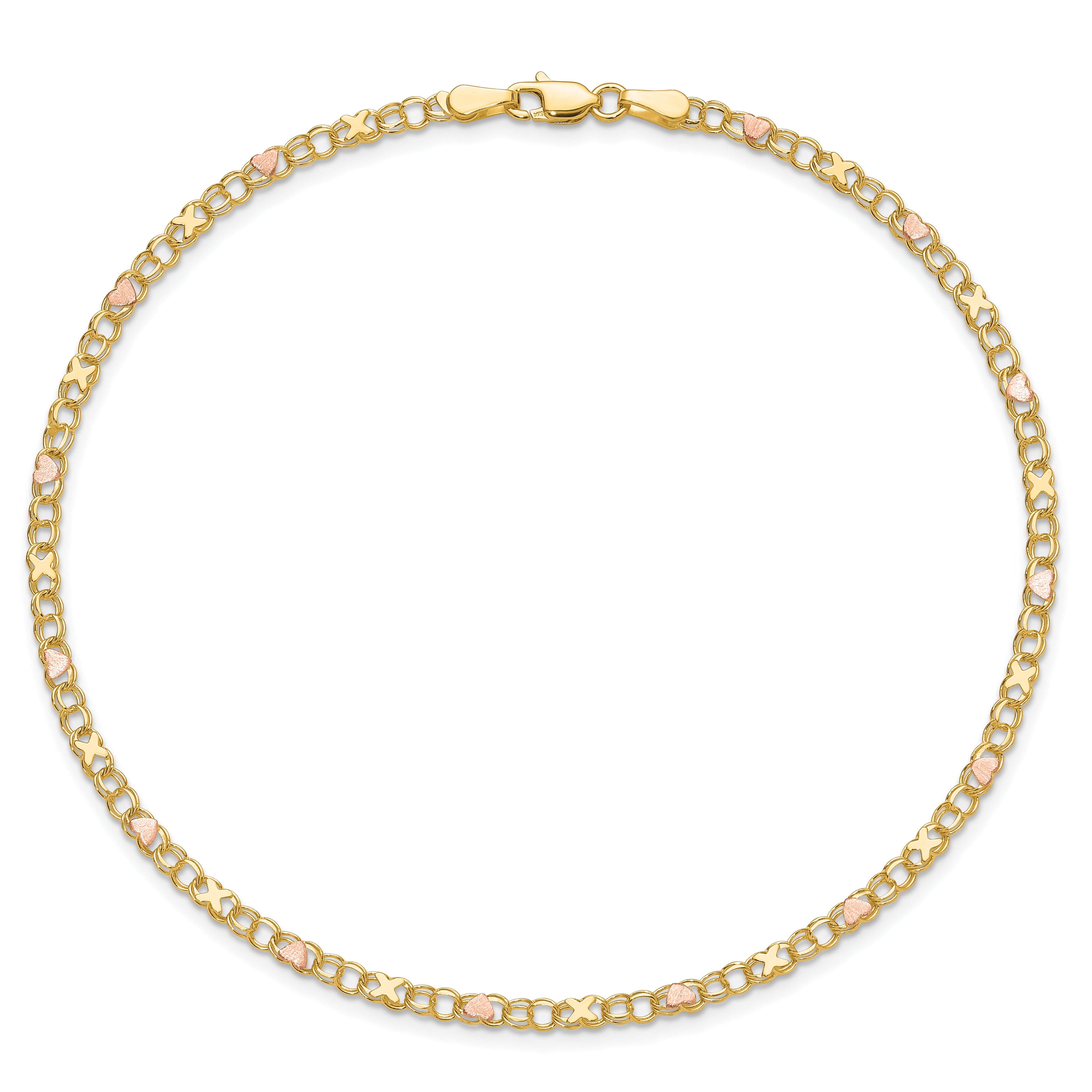 14k Polished and Satin Rose-plated X-and-Heart 10 inch Anklet - Sophia Jewelers