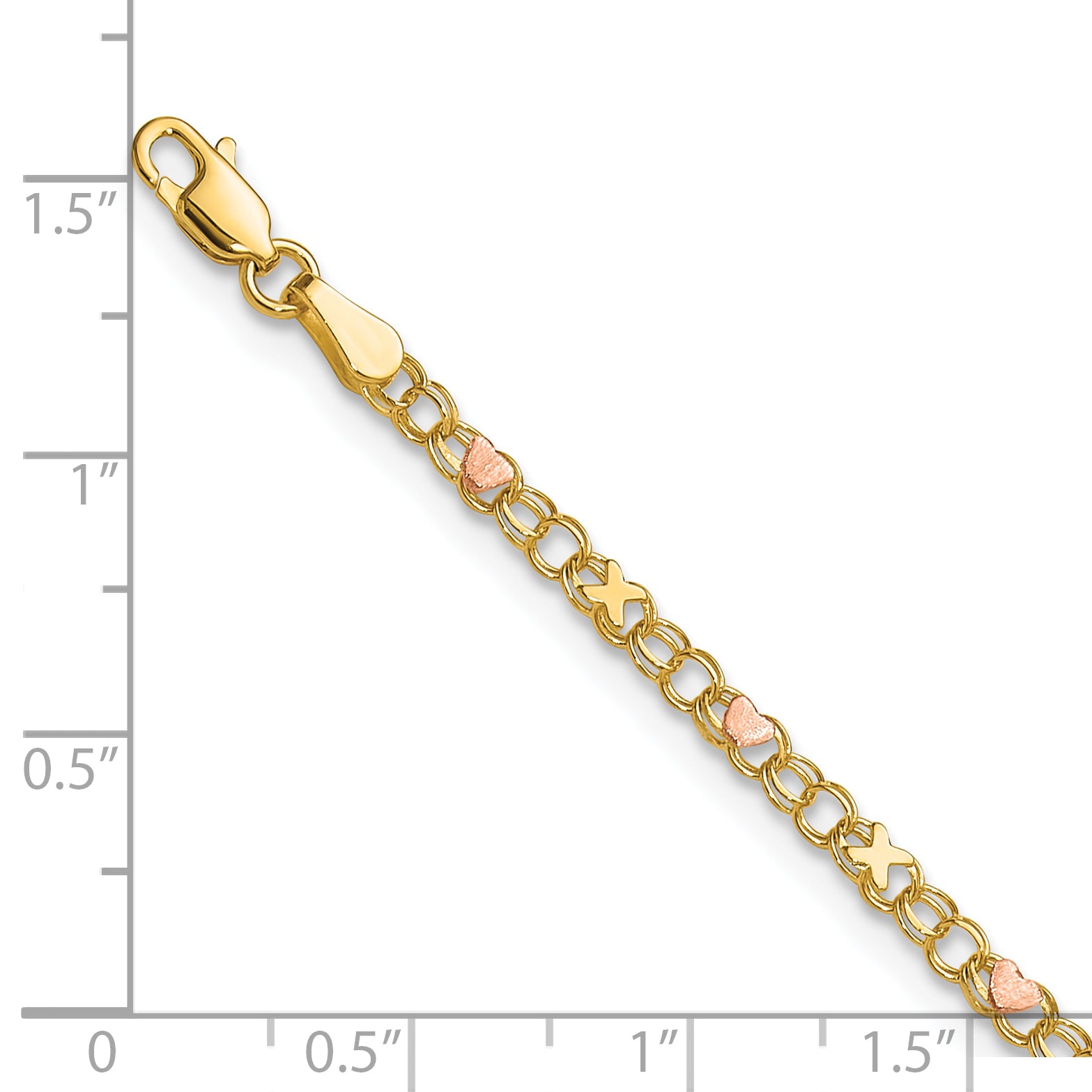14k Polished and Satin Rose-plated X-and-Heart 10 inch Anklet - Sophia Jewelers