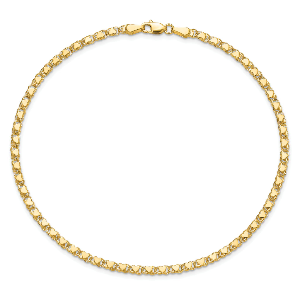 14k Polished Double-Sided Hearts Double Link 10 inch Anklet - Sophia Jewelers