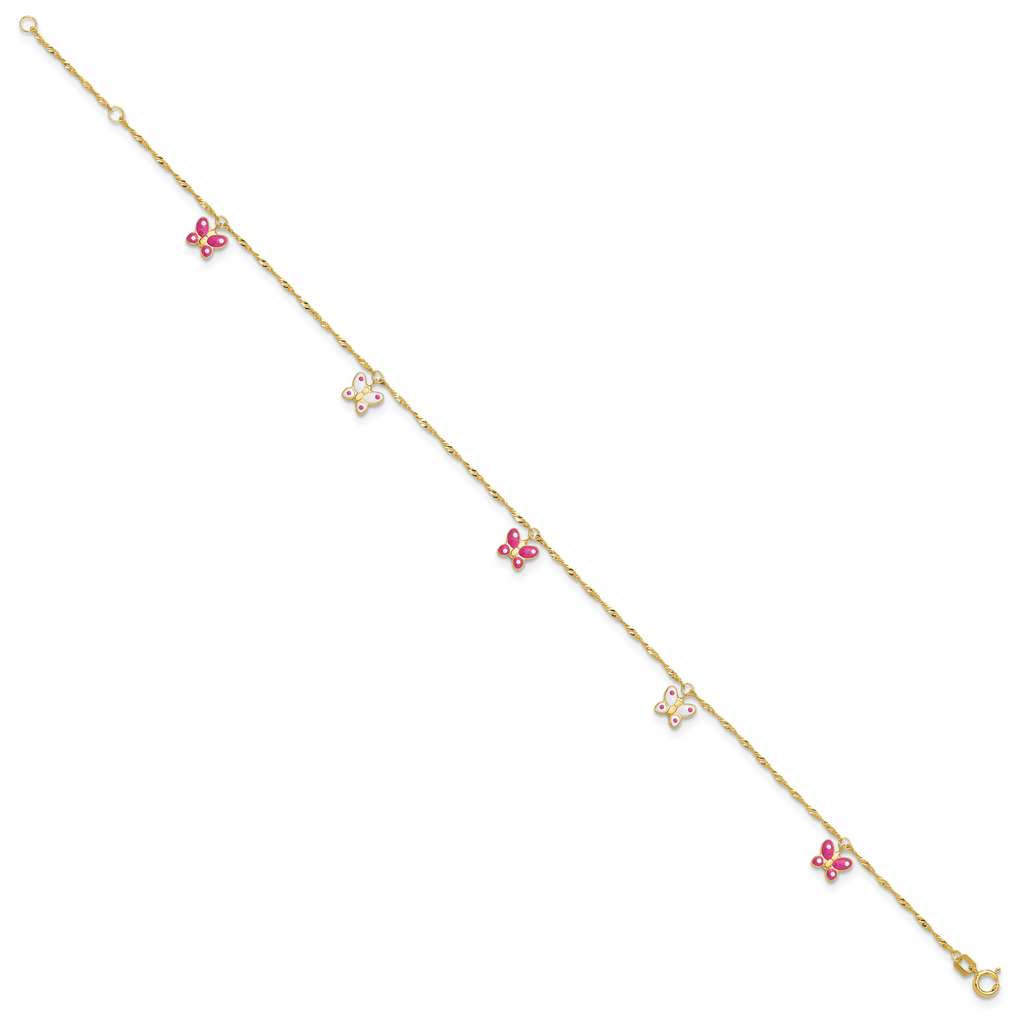 14k Pink and White Enameled Butterfly Dangles 9 inch Plus 1 inch Extender - Total 10 inch Anklet - Sophia Jewelers