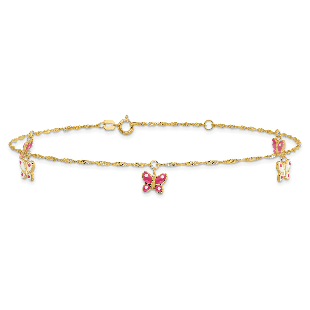 14k Pink and White Enameled Butterfly Dangles 9 inch Plus 1 inch Extender - Total 10 inch Anklet - Sophia Jewelers