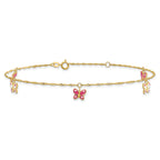 14k Pink and White Enameled Butterfly Dangles 9 inch Plus 1 inch Extender - Total 10 inch Anklet - Sophia Jewelers