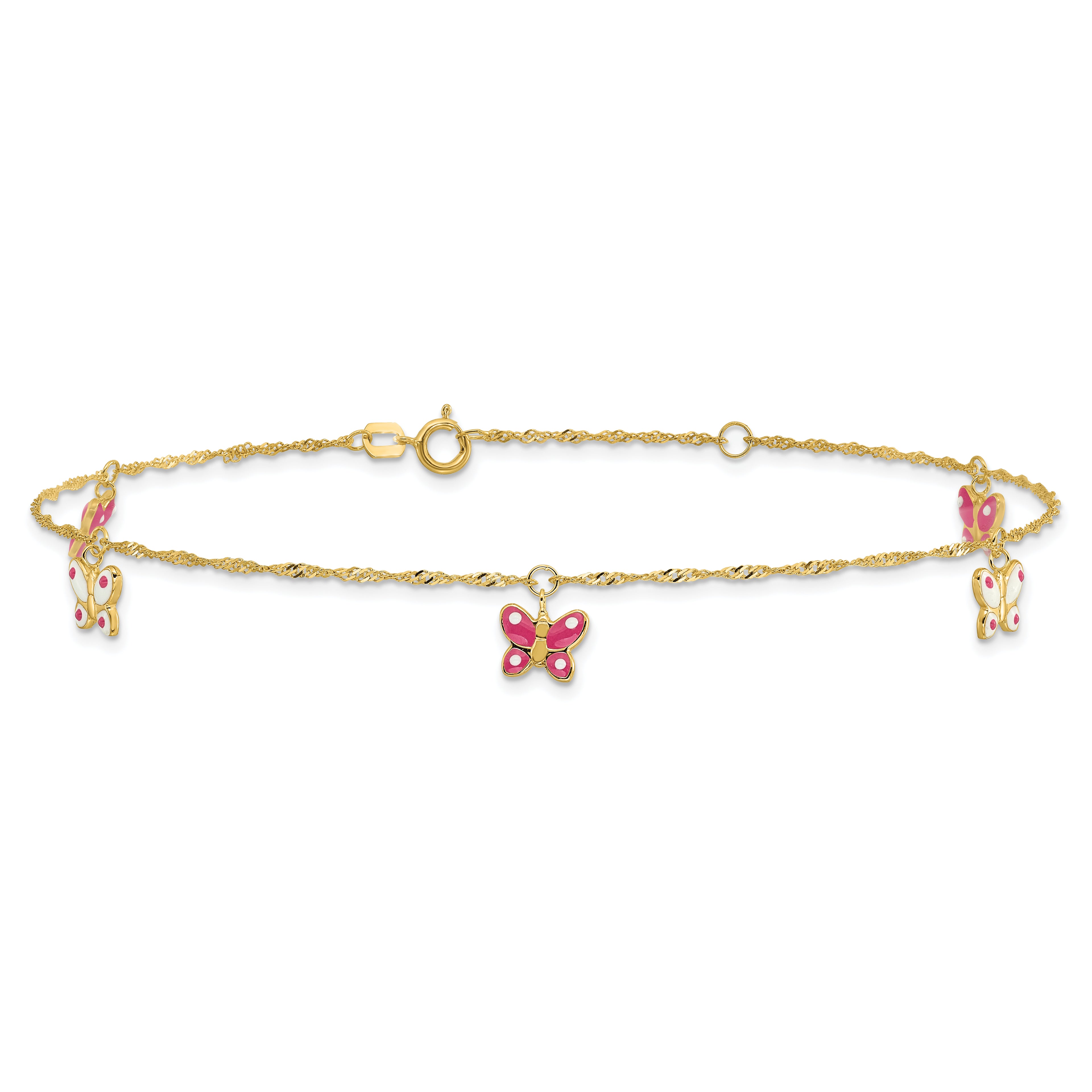 14k Pink and White Enameled Butterfly Dangles 9 inch Plus 1 inch Extender - Total 10 inch Anklet - Sophia Jewelers