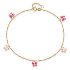 14k Pink and White Enameled Butterfly Dangles 9 inch Plus 1 inch Extender - Total 10 inch Anklet - Sophia Jewelers