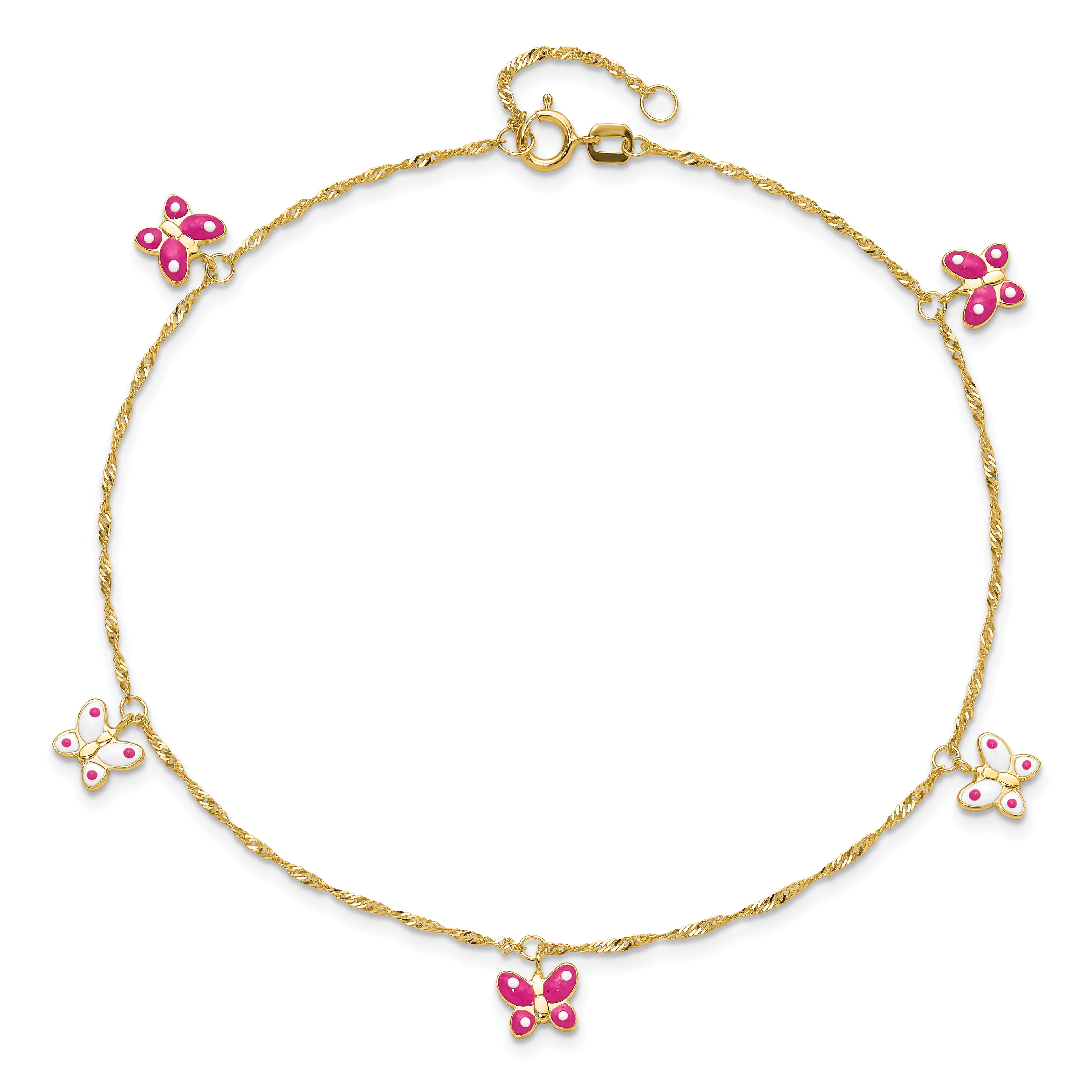 14k Pink and White Enameled Butterfly Dangles 9 inch Plus 1 inch Extender - Total 10 inch Anklet - Sophia Jewelers