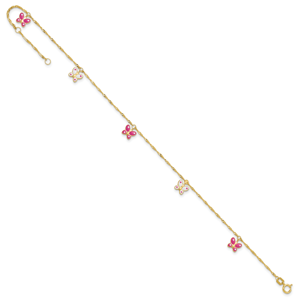 14k Pink and White Enameled Butterfly Dangles 9 inch Plus 1 inch Extender - Total 10 inch Anklet - Sophia Jewelers