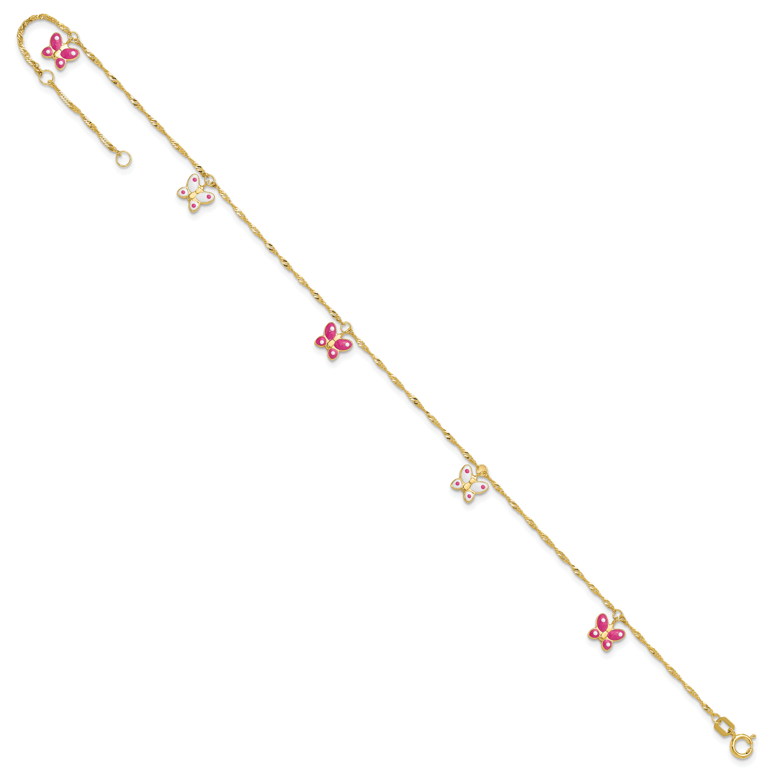 14k Pink and White Enameled Butterfly Dangles 9 inch Plus 1 inch Extender - Total 10 inch Anklet - Sophia Jewelers