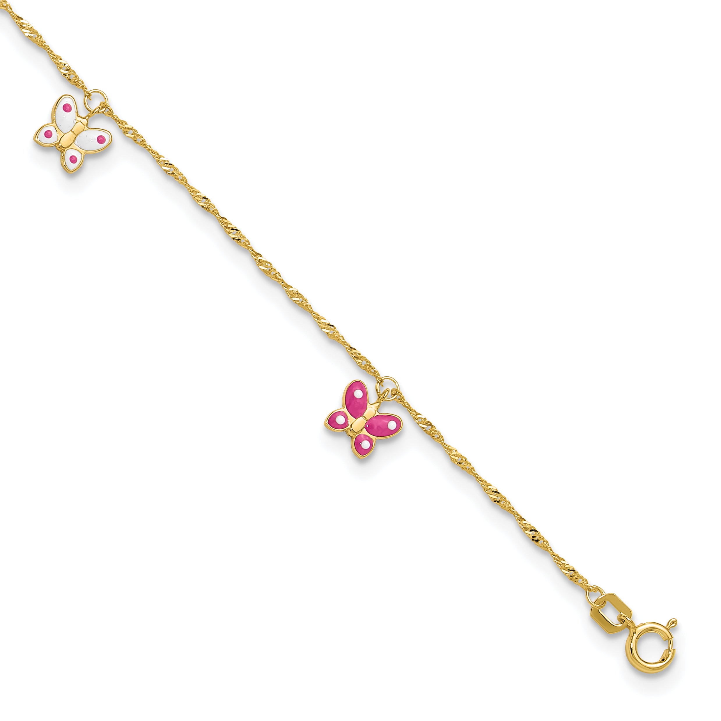 14k Pink and White Enameled Butterfly Dangles 9 inch Plus 1 inch Extender - Total 10 inch Anklet - Sophia Jewelers Main image