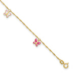 14k Pink and White Enameled Butterfly Dangles 9 inch Plus 1 inch Extender - Total 10 inch Anklet - Sophia Jewelers