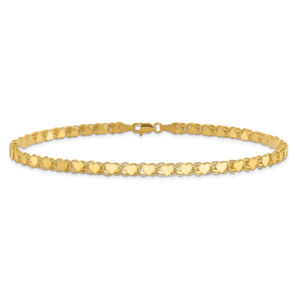 14k Polished Double-Sided Hearts Double Link 10 inch Anklet - Sophia Jewelers
