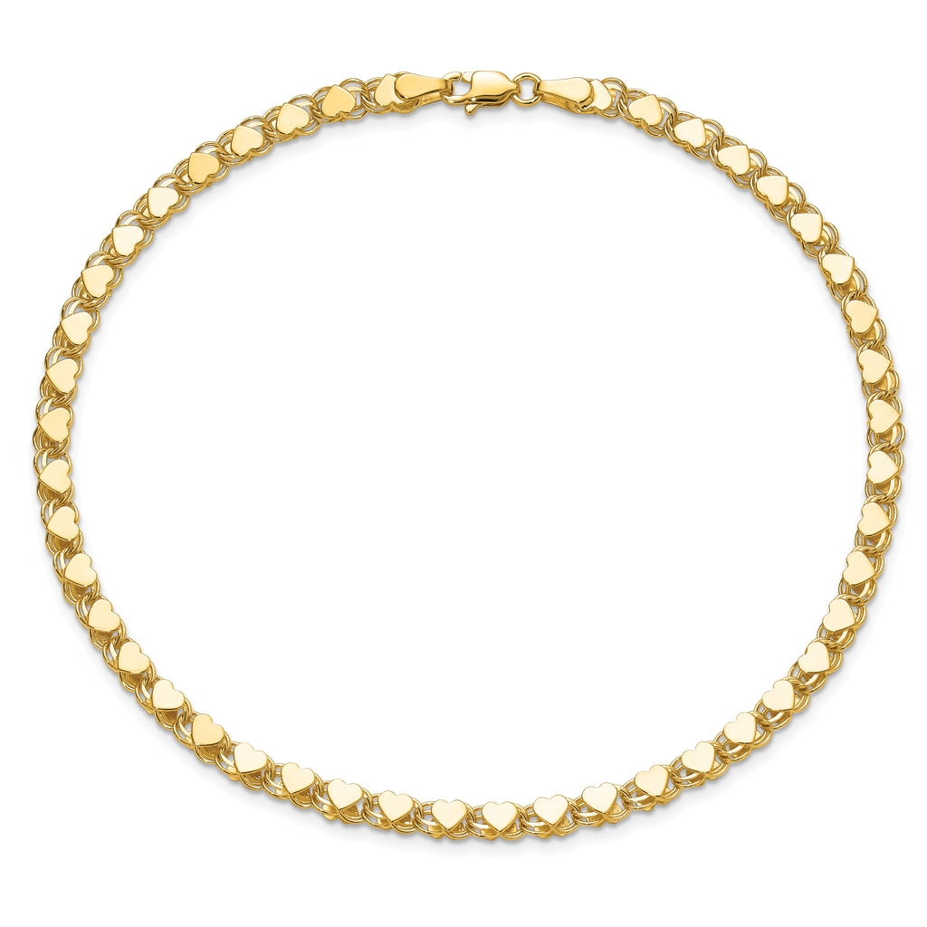14k Polished Double-Sided Hearts Double Link 10 inch Anklet - Sophia Jewelers