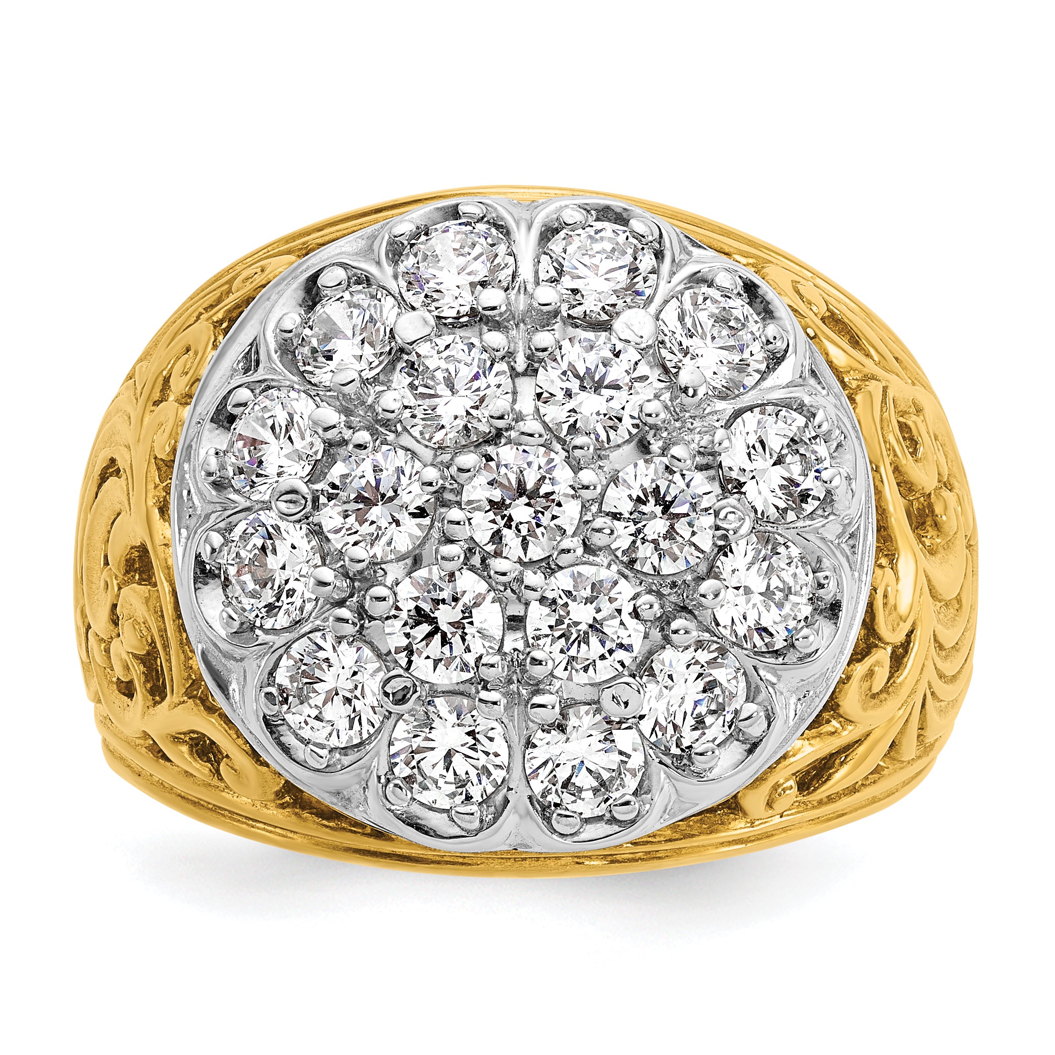 14k Two-tone Men's Polished Filigree 2 Carat AA Quality Diamond Cluster Ring - Sophia Jewelers