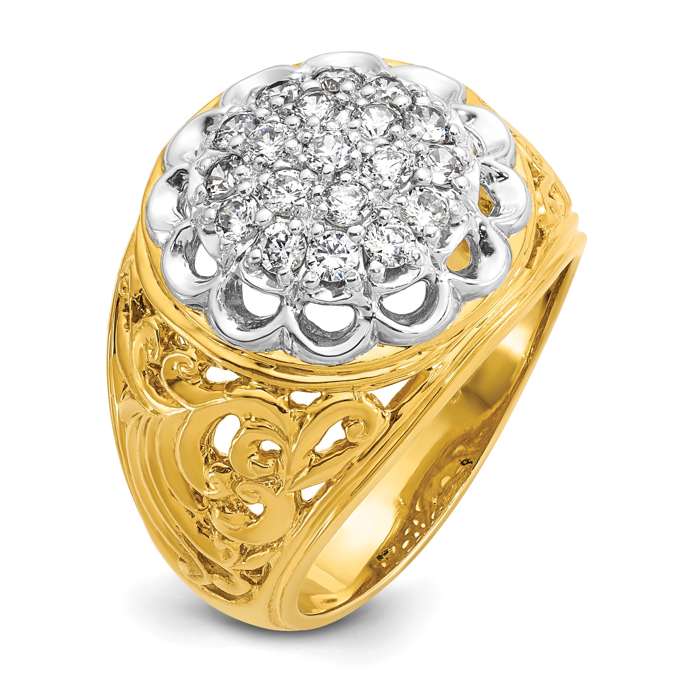 10k Two-tone Men's Polished Filigree 1 Carat AA Quality Diamond Round Cluster Ring Mounting (No Stones Included)