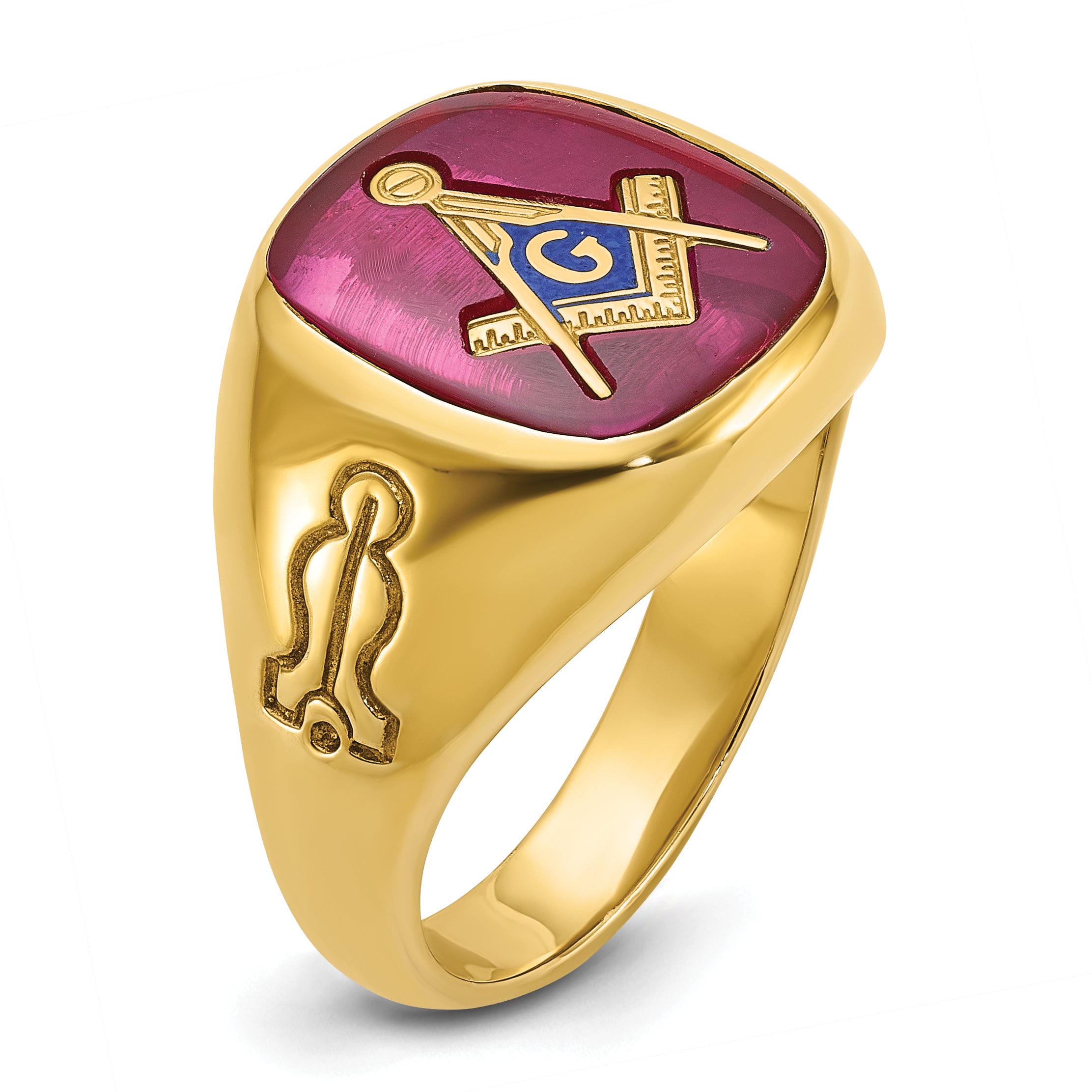 14k Men's Polished and Grooved with Lab Created Ruby Blue Lodge Master Masonic Ring - Sophia Jewelers