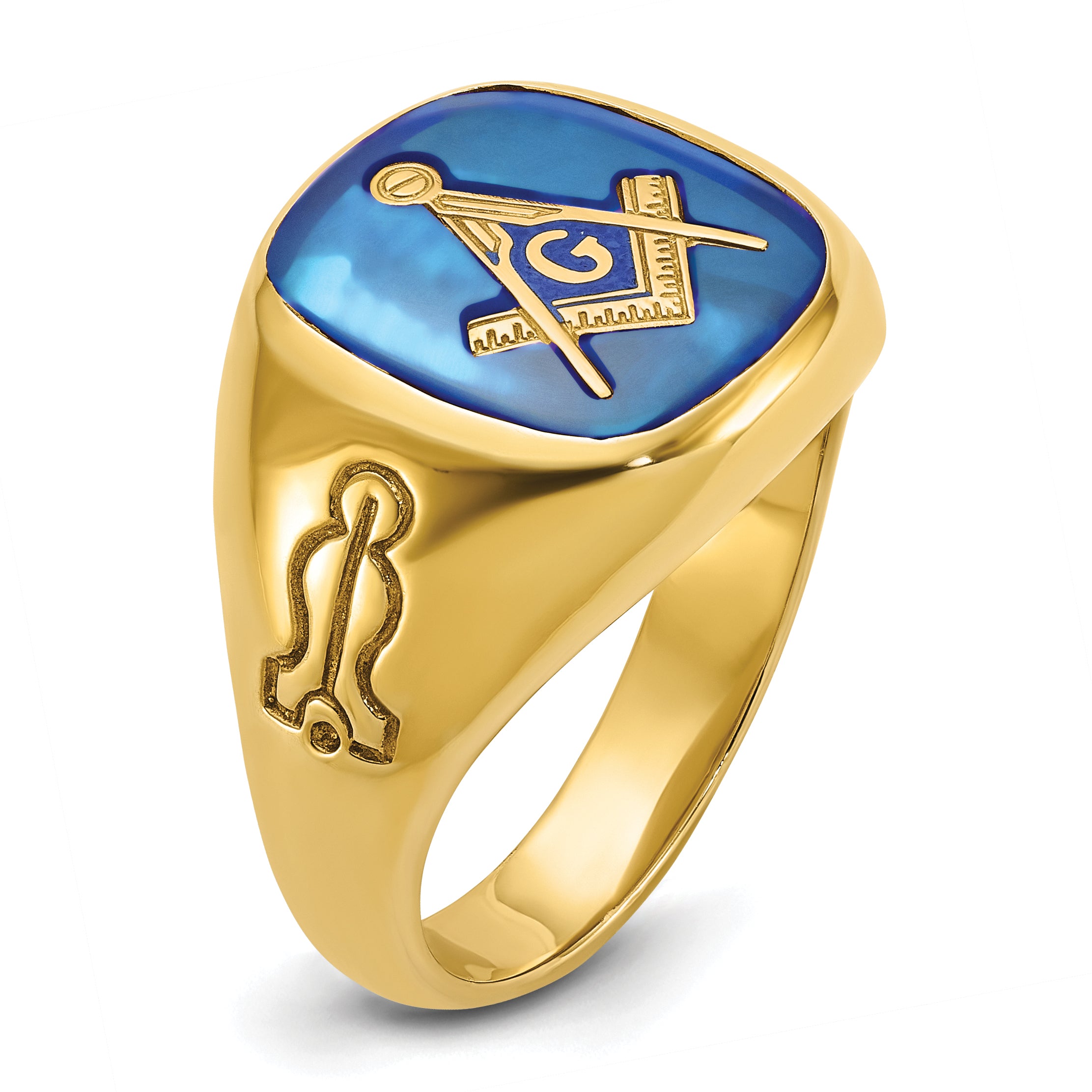 14k Men's Polished and Grooved with Lab Created Sapphire Blue Lodge Master Masonic Ring