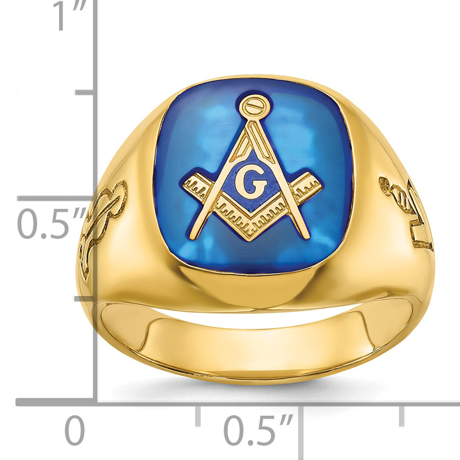 14k Men's Polished and Grooved with Lab Created Sapphire Blue Lodge Master Masonic Ring