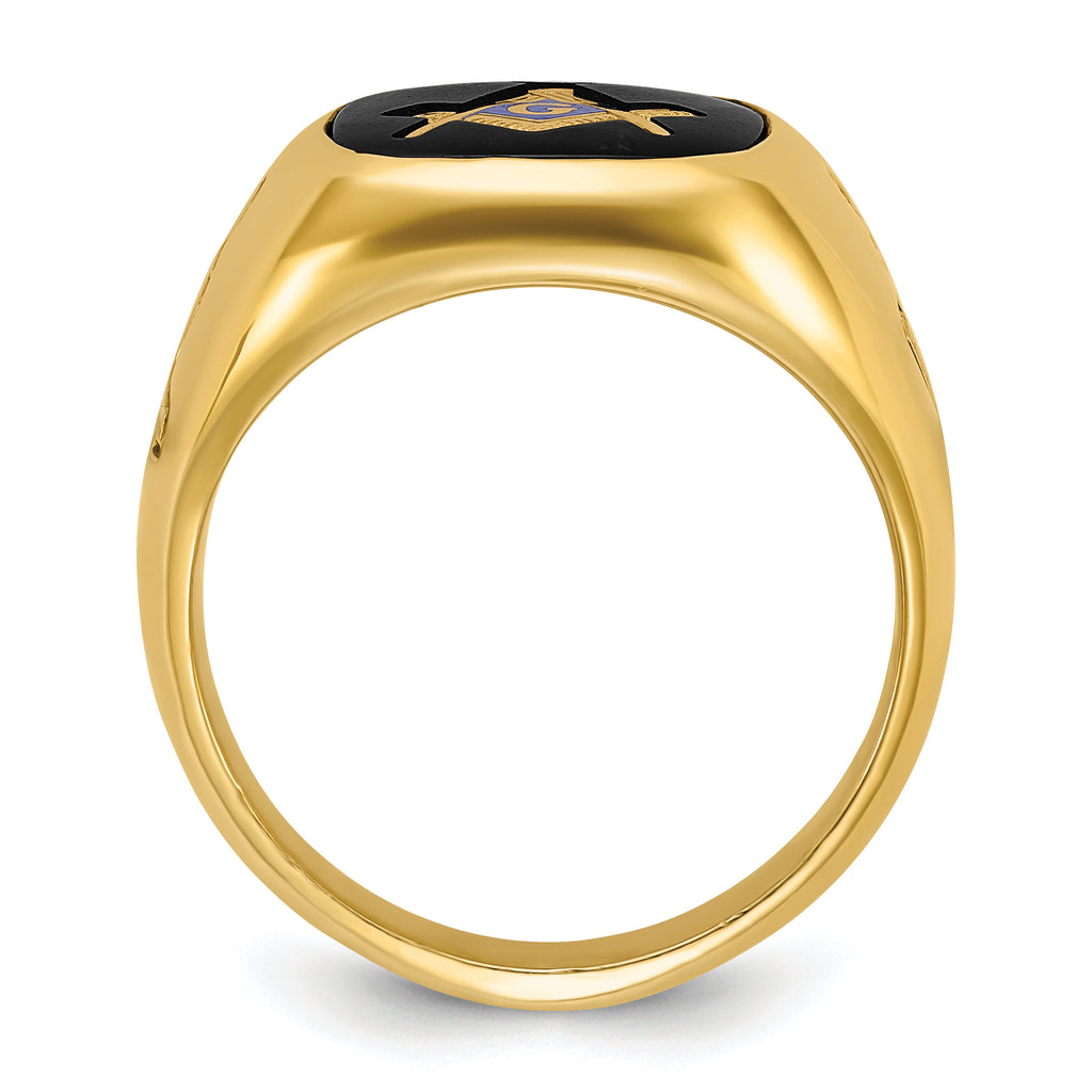 14k Men's Polished and Grooved with Onyx Blue Lodge Master Masonic Ring