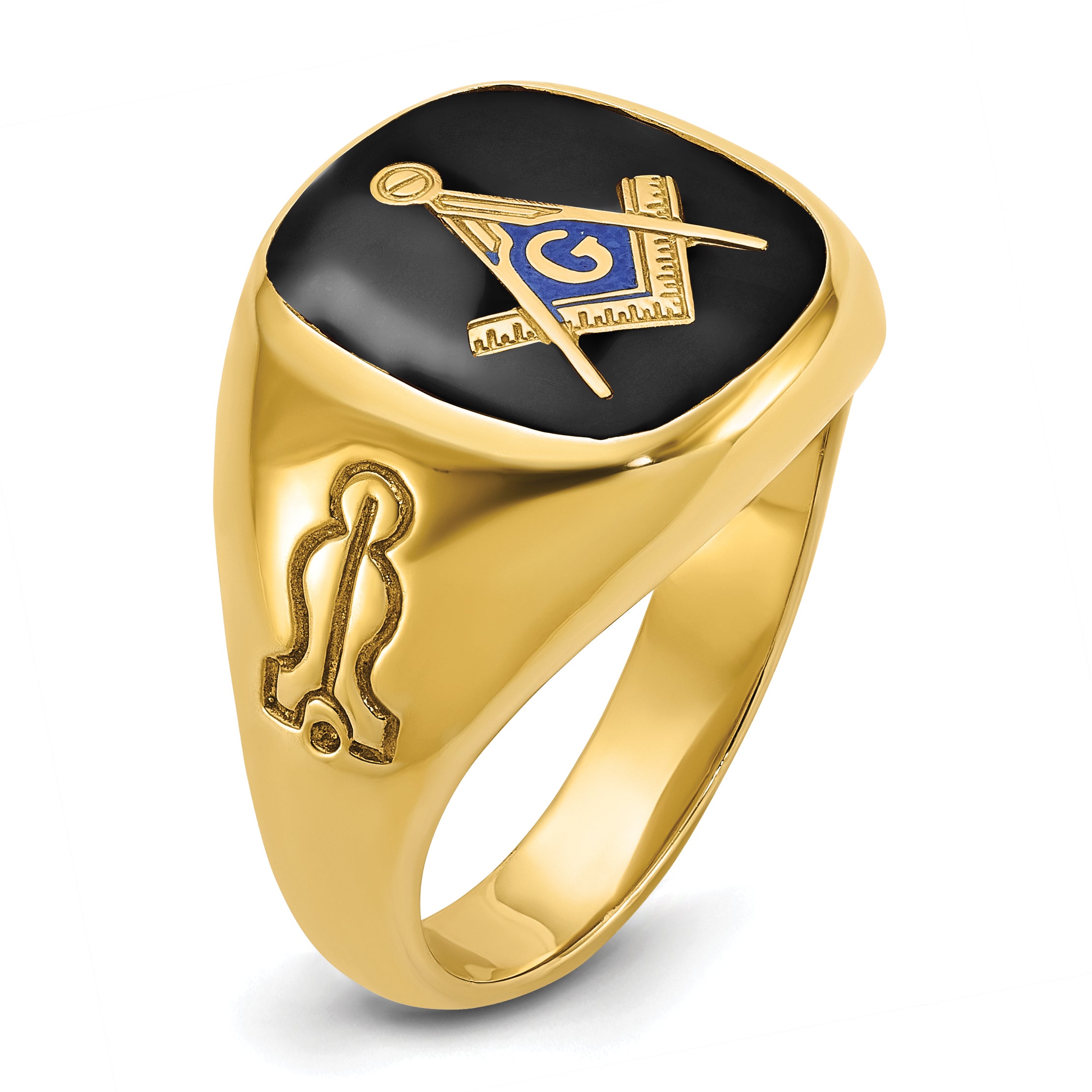 14k Men's Polished and Grooved with Onyx Blue Lodge Master Masonic Ring