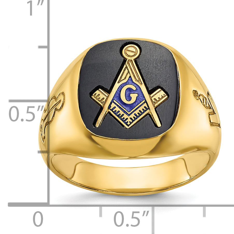14k Men's Polished and Grooved with Onyx Blue Lodge Master Masonic Ring