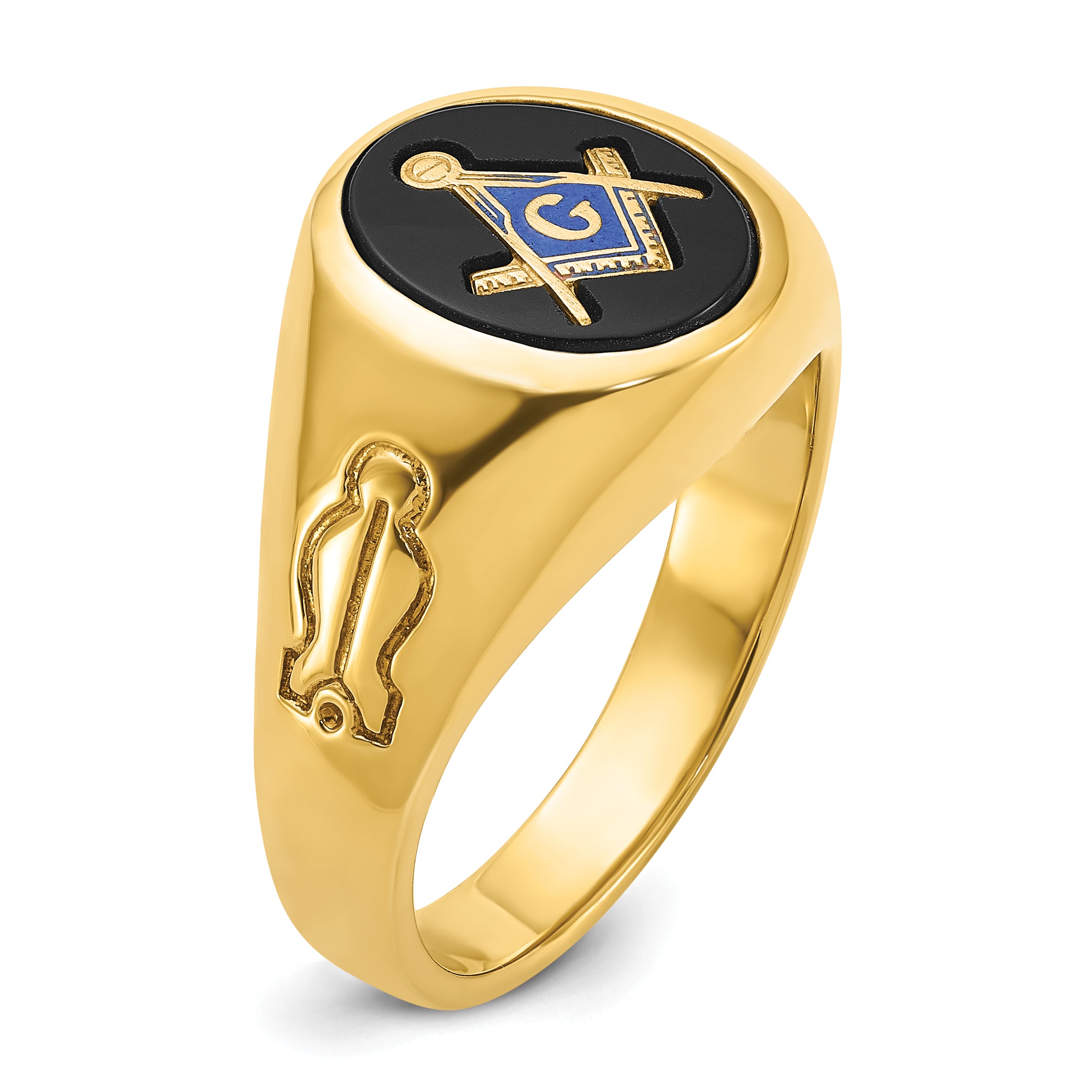 10k Men's Polished and Grooved with Oval Onyx Blue Lodge Master Masonic Ring