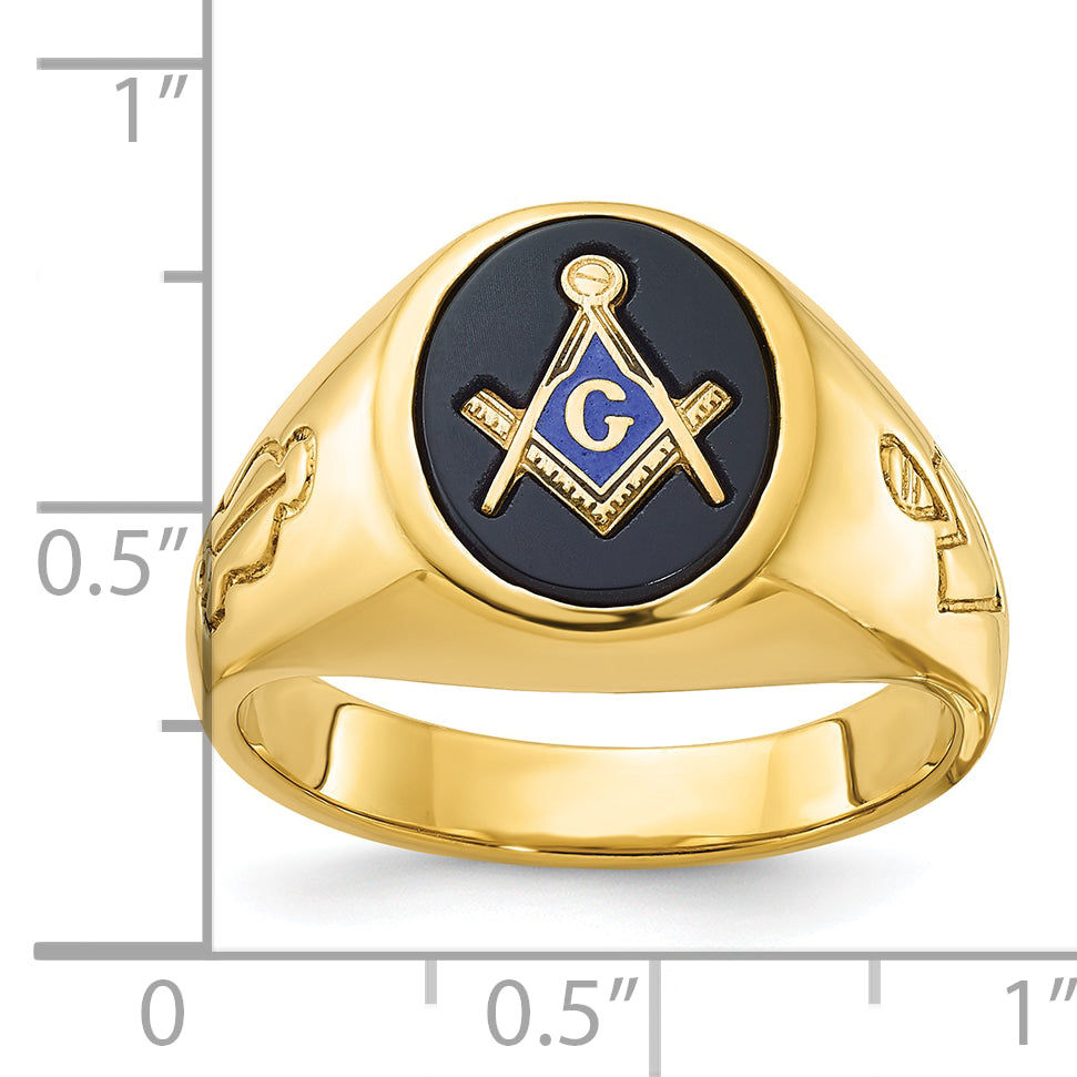 10k Men's Polished and Grooved with Oval Onyx Blue Lodge Master Masonic Ring