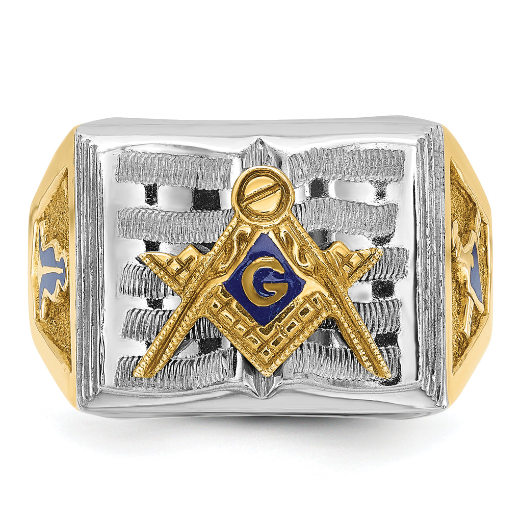 10k Two-tone Men's Polished and Textured with Blue Enamel Blue Lodge Master Masonic Ring