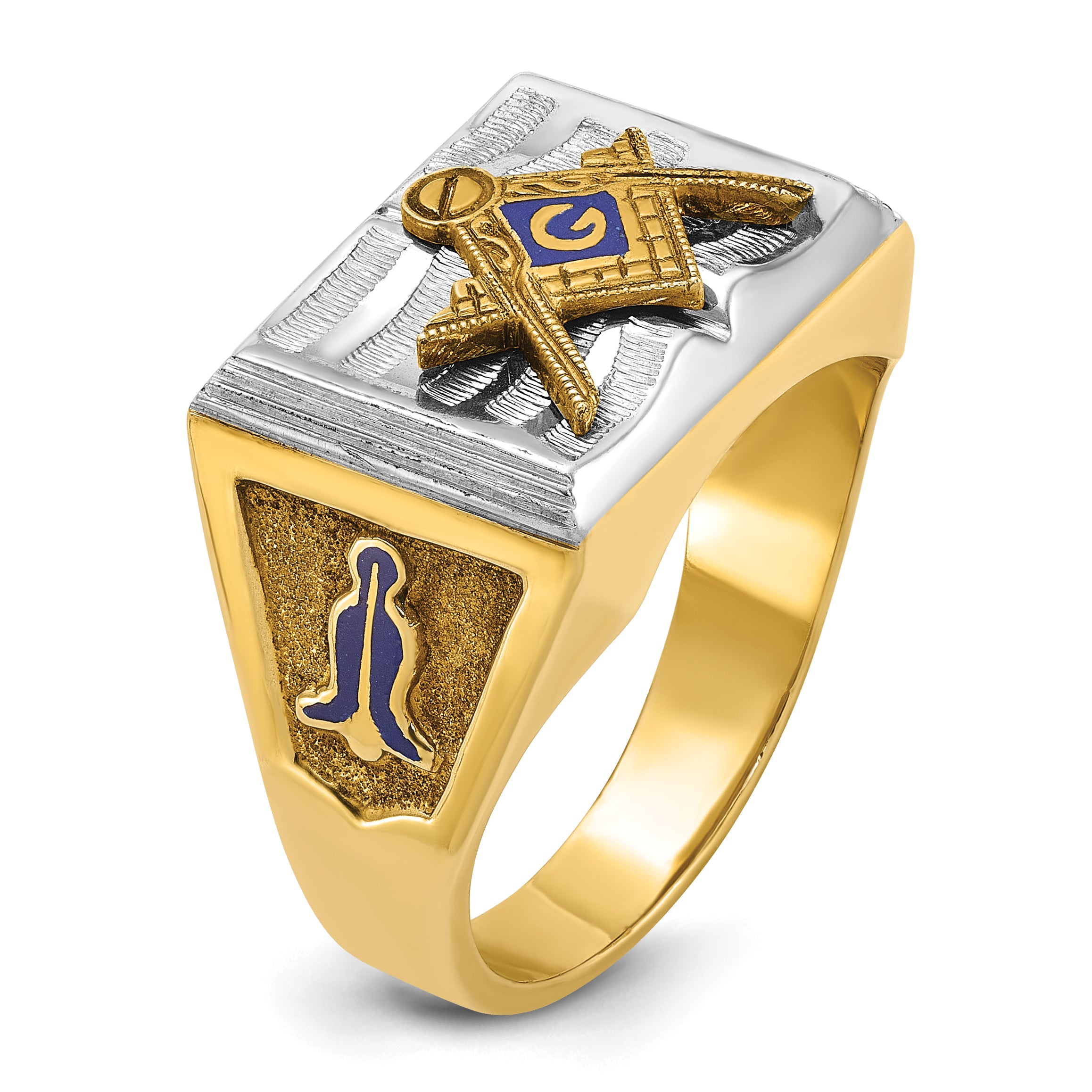 10k Two-tone Men's Polished and Textured with Blue Enamel Blue Lodge Master Masonic Ring
