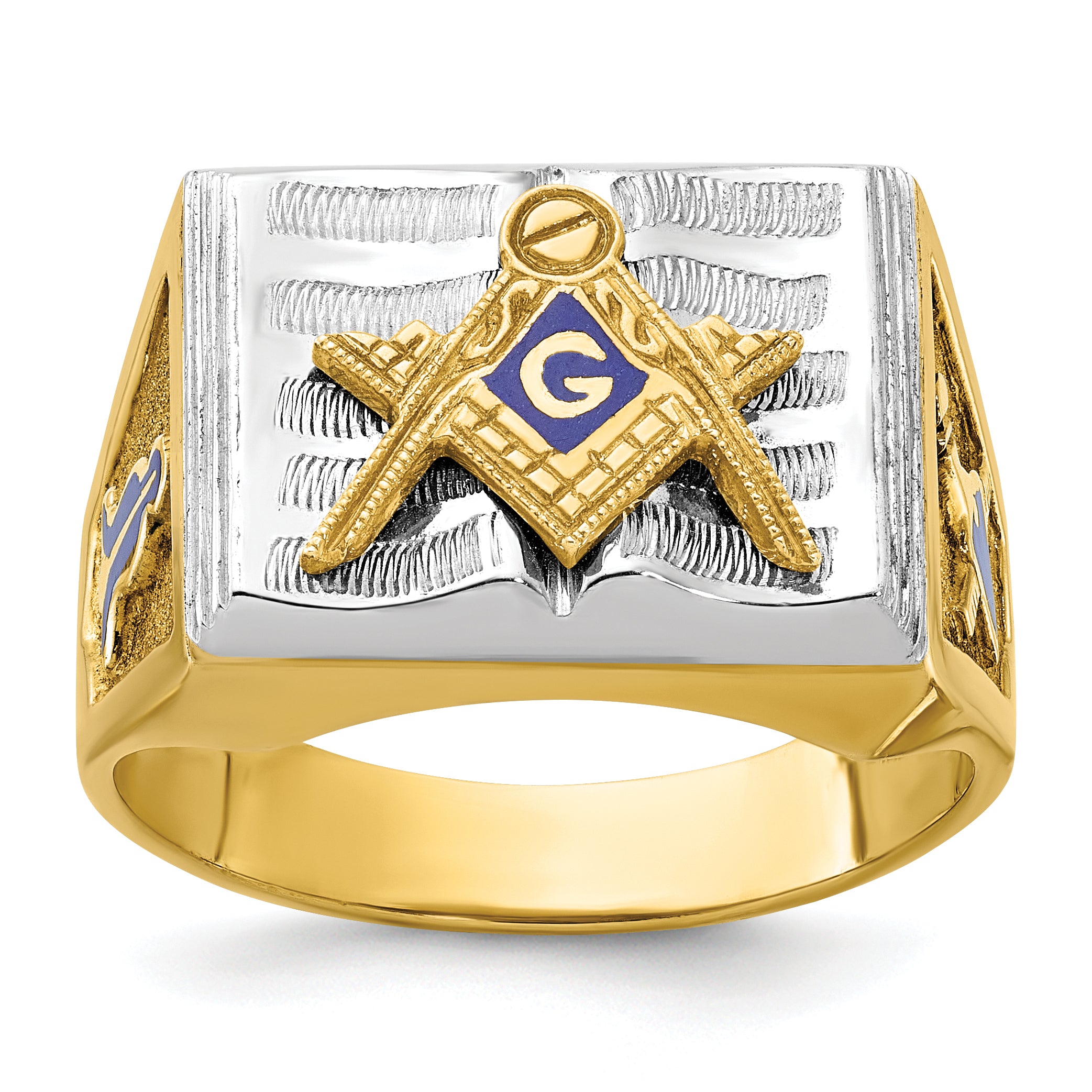 10k Two-tone Men's Polished and Textured with Blue Enamel Blue Lodge Master Masonic Ring Main image