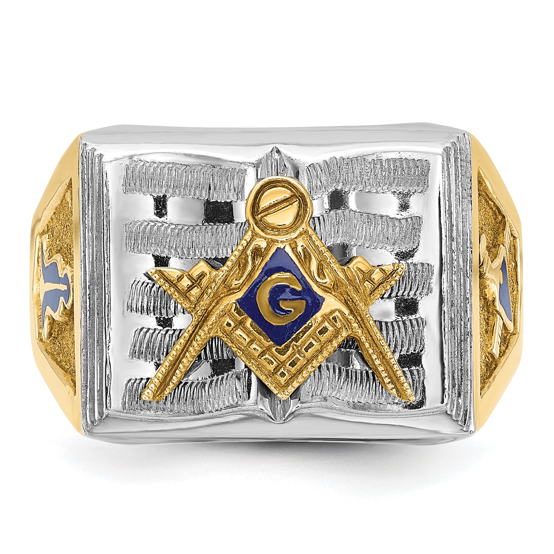 14k Two-tone Men's Polished and Textured with Blue Enamel Blue Lodge Master Masonic Ring