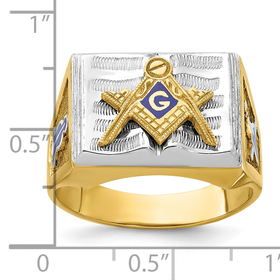 14k Two-tone Men's Polished and Textured with Blue Enamel Blue Lodge Master Masonic Ring Secondary image