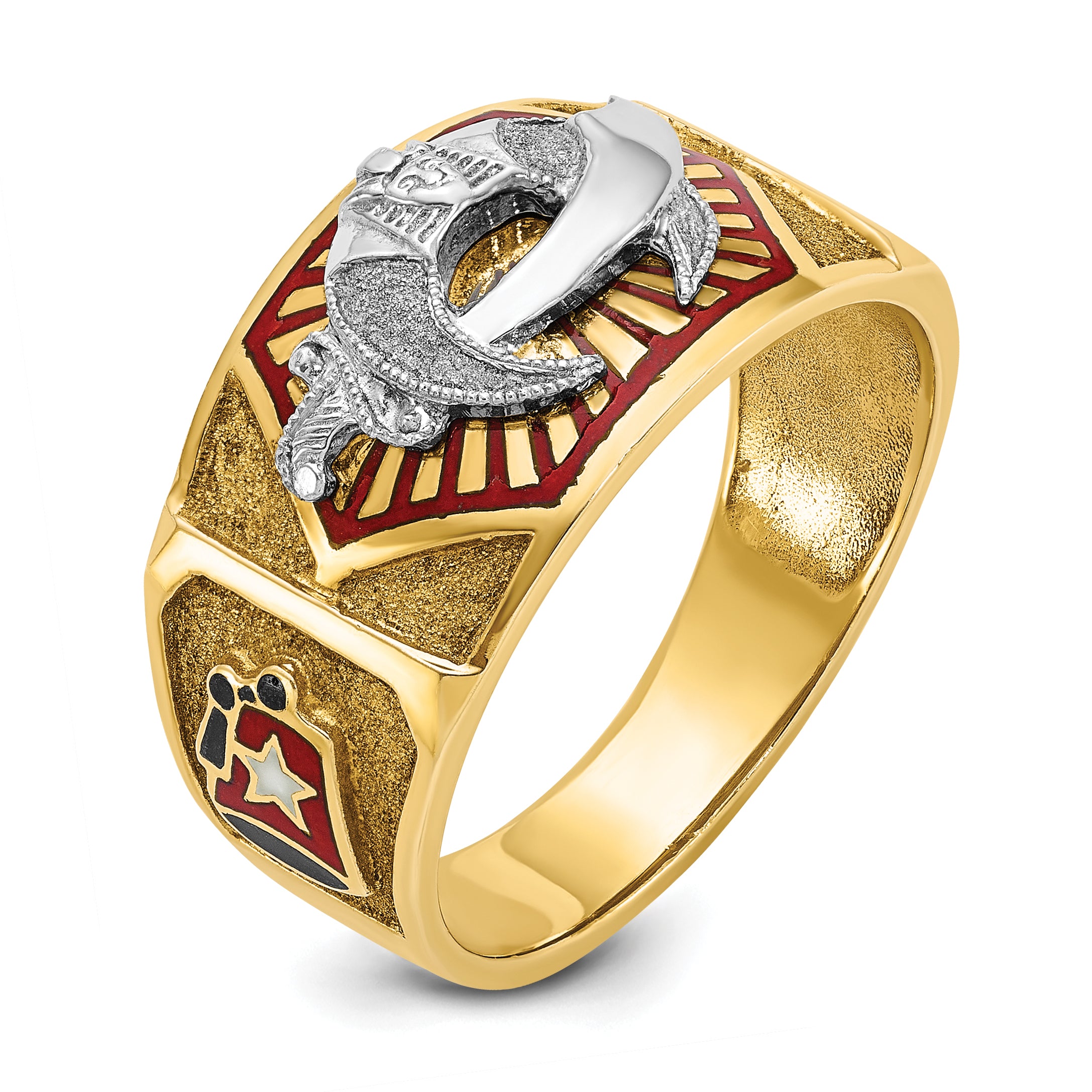 14k Two-tone Men's Polished and Textured with Multi-color Enamel Masonic Shriner's Ring
