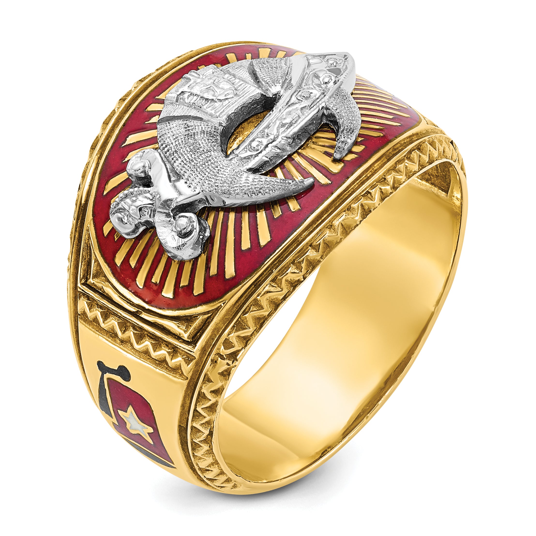 10k Two-tone Men's Polished and Textured with Multi-color Enamel Masonic Shriner's Ring
