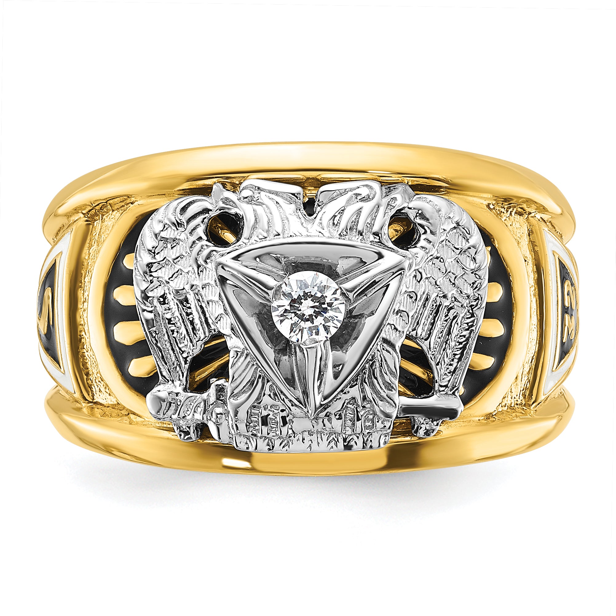 10k Two-tone Men's Polished and Textured with Black and White Enameled and Diamond 32nd Degree Scottish Rite Masonic Ring