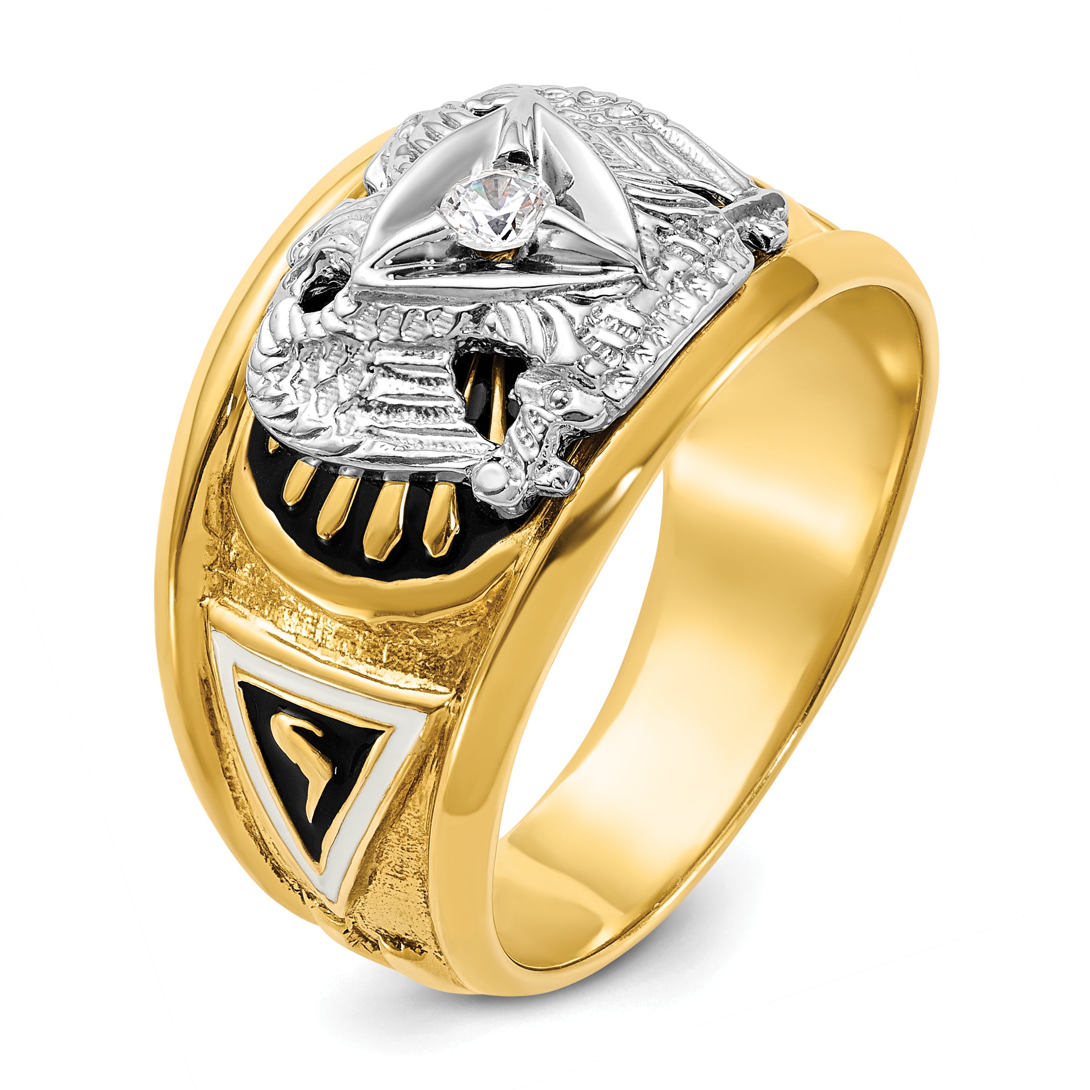 10k Two-tone Men's Polished and Textured with Black and White Enameled and Diamond 32nd Degree Scottish Rite Masonic Ring