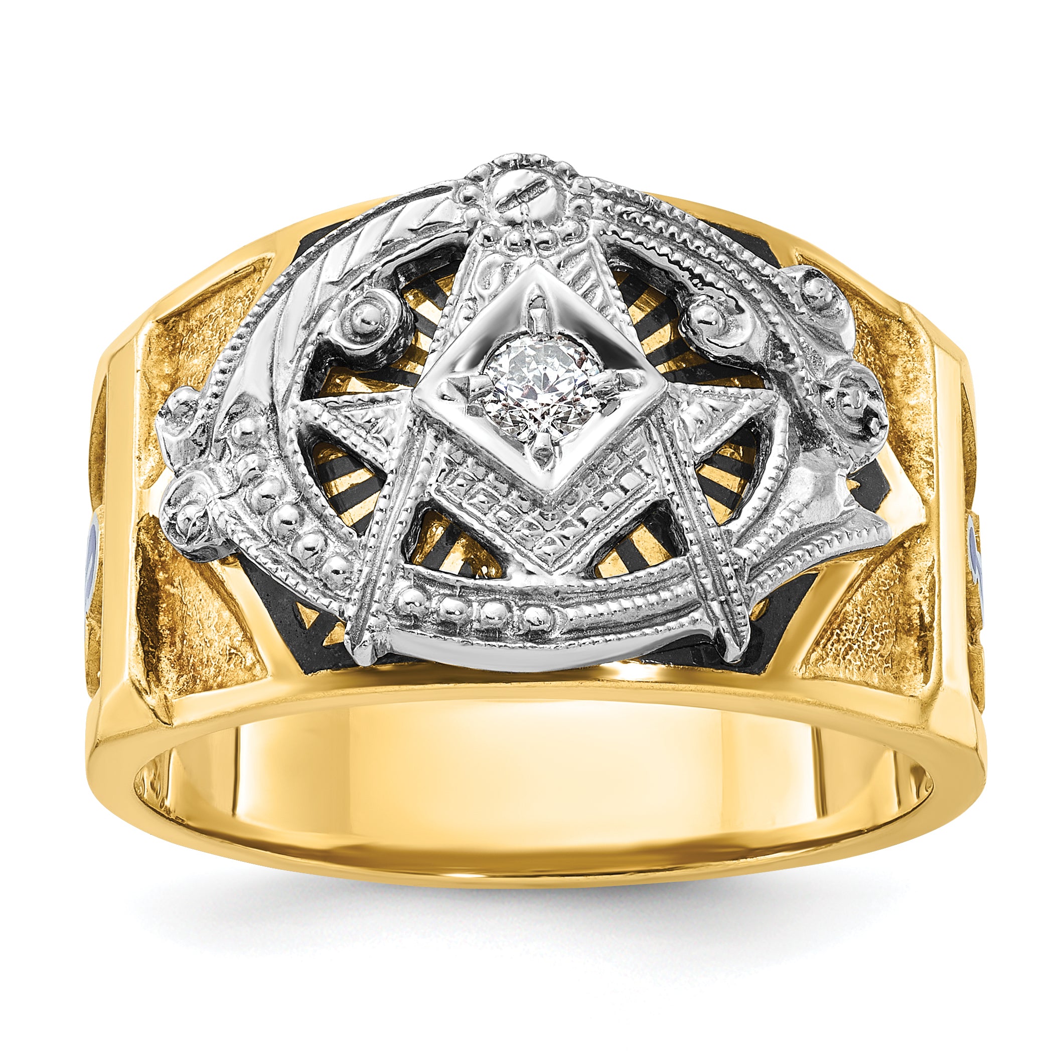 14k Two-tone Men's Polished and Textured with Blue and Black Enamel Diamond Blue Lodge Master Masoni - Sophia Jewelers