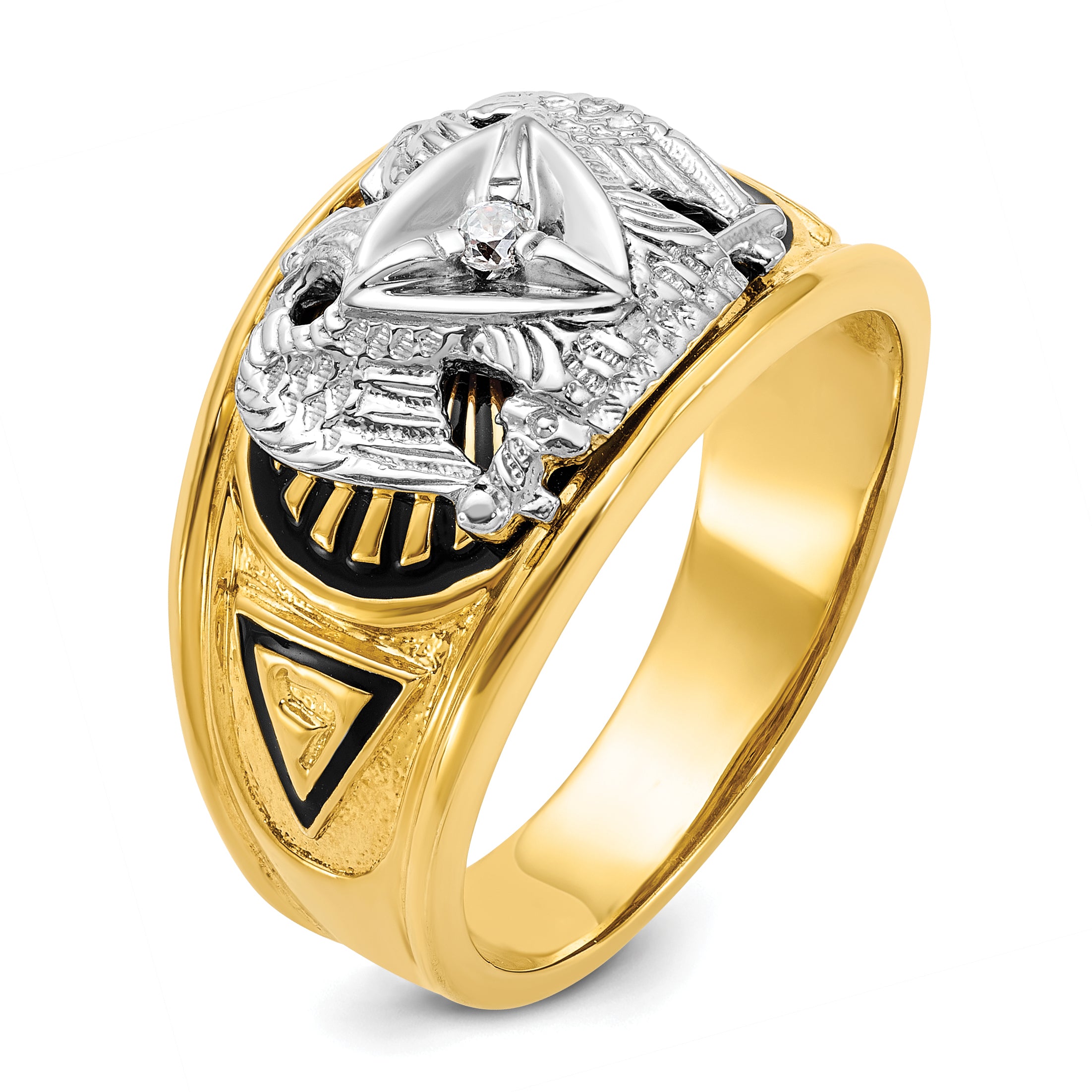 10k Two-tone Men's Polished and Textured with Black Enamel and Diamond 32nd Degree Scottish Rite Masonic Ring