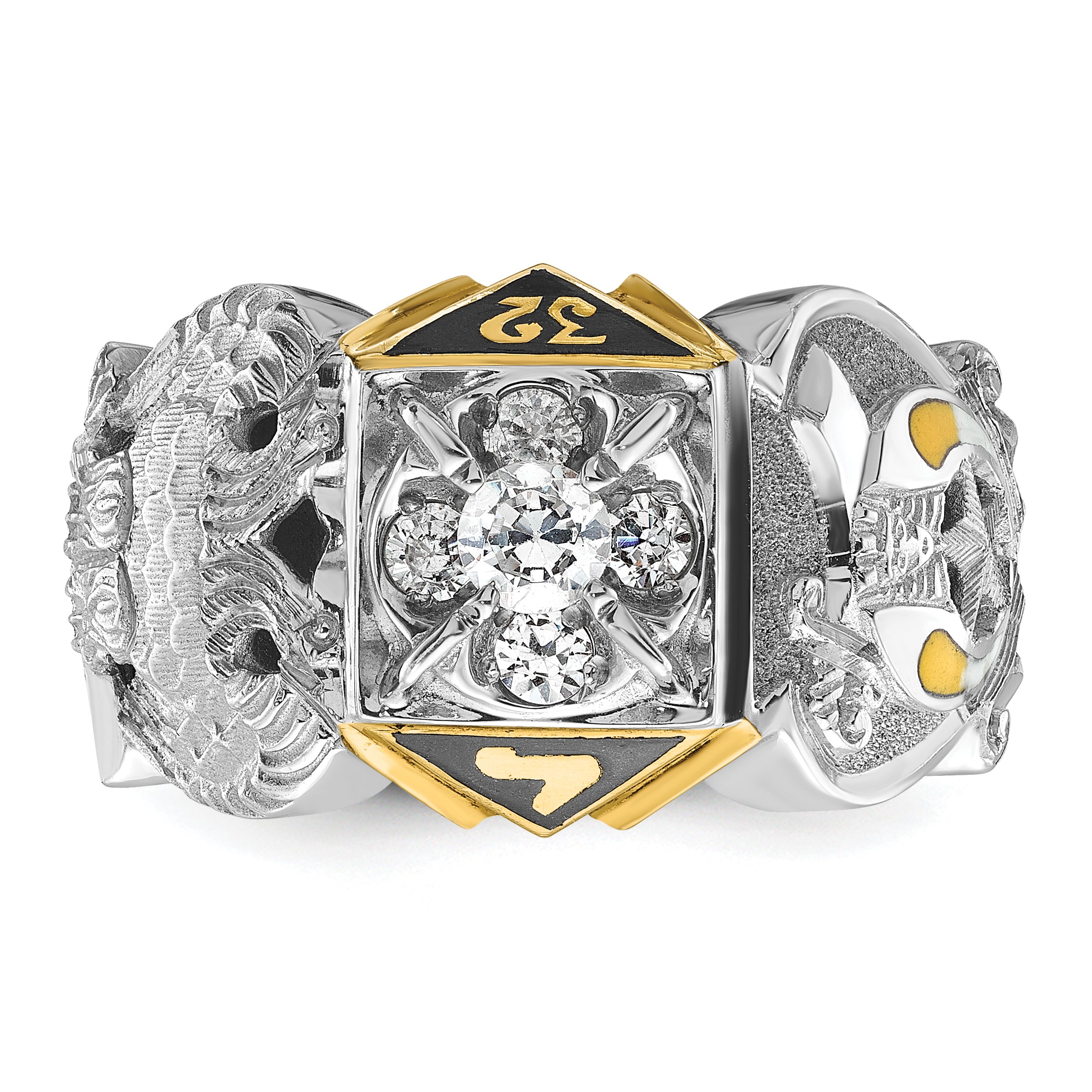 10k Two-tone Men's Polished and Textured with Multi-color Enamel and Diamond Double Eagle Masonic Shriner's Ring