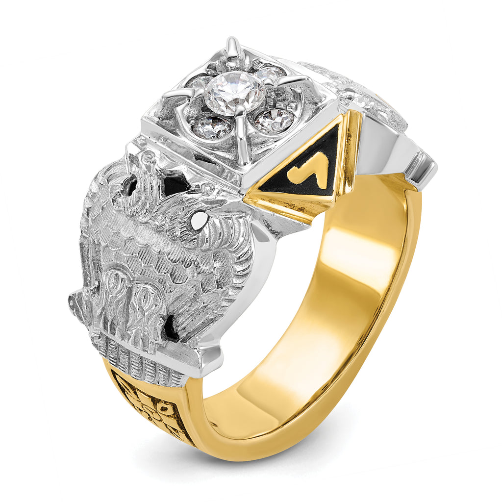10k Two-tone Men's Polished and Textured with Multi-color Enamel and Diamond Double Eagle Masonic Shriner's Ring