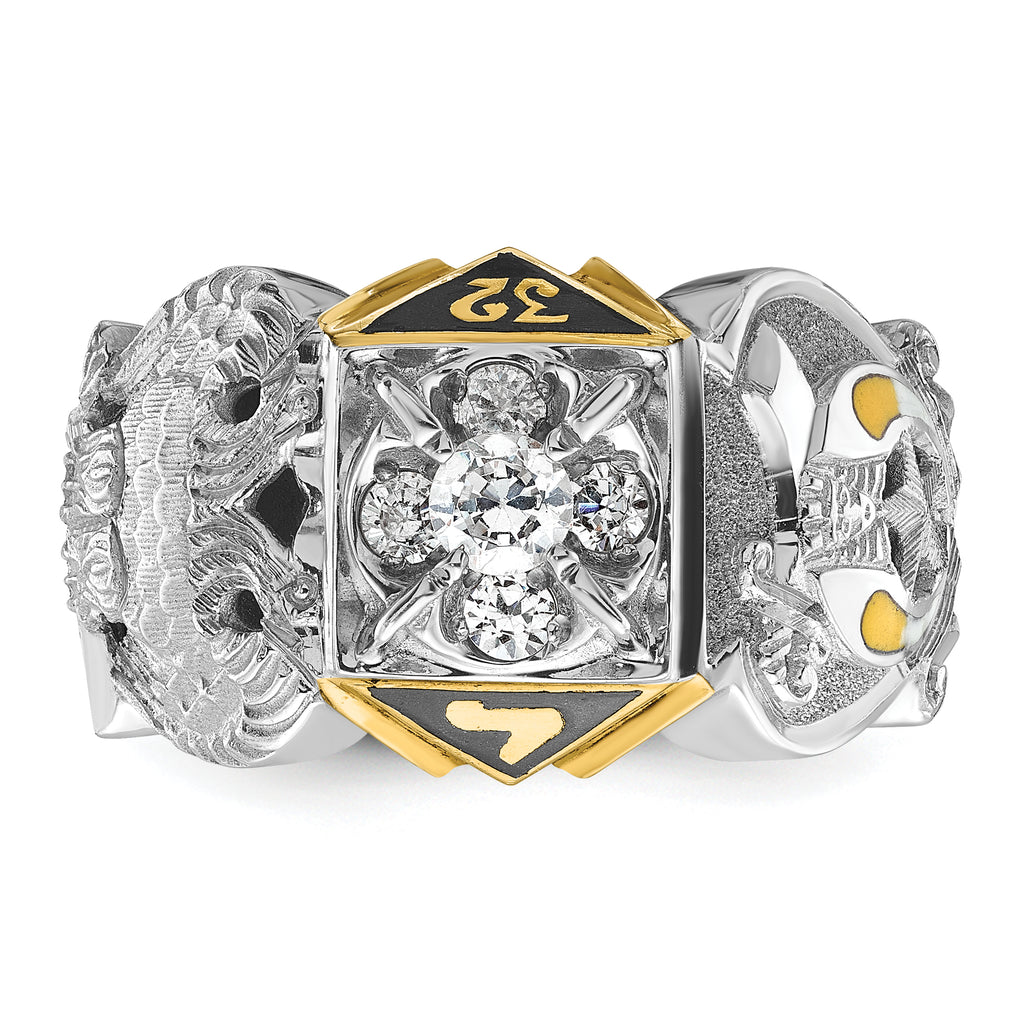 14k Two-tone Men's Polished and Textured with Multi-color Enamel and Diamond Double Eagle Masonic Shriner's Ring