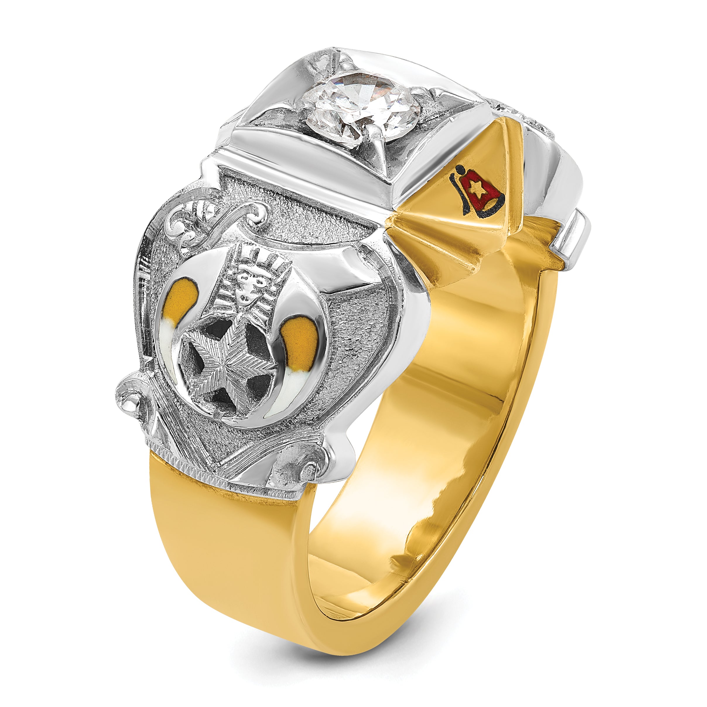 14k Two-tone Men's Polished and Textured with Multi-color Enamel and Diamond Masonic Shriner's Ring - Sophia Jewelers