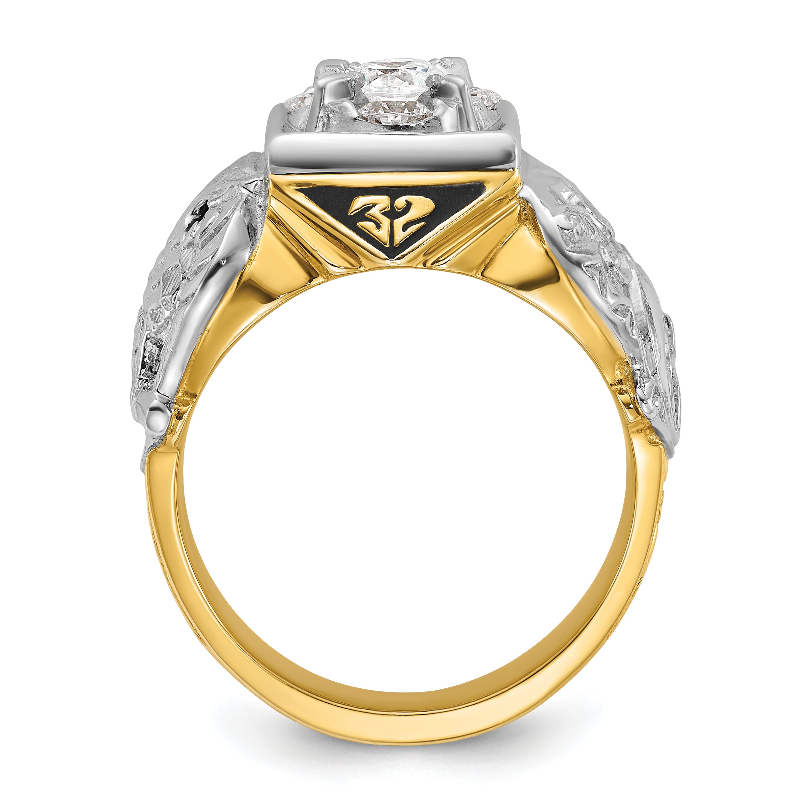 14k Two-tone Men's Polished and Textured with Black Enamel and Diamond Double Eagle Masonic Shriner's Ring Secondary image