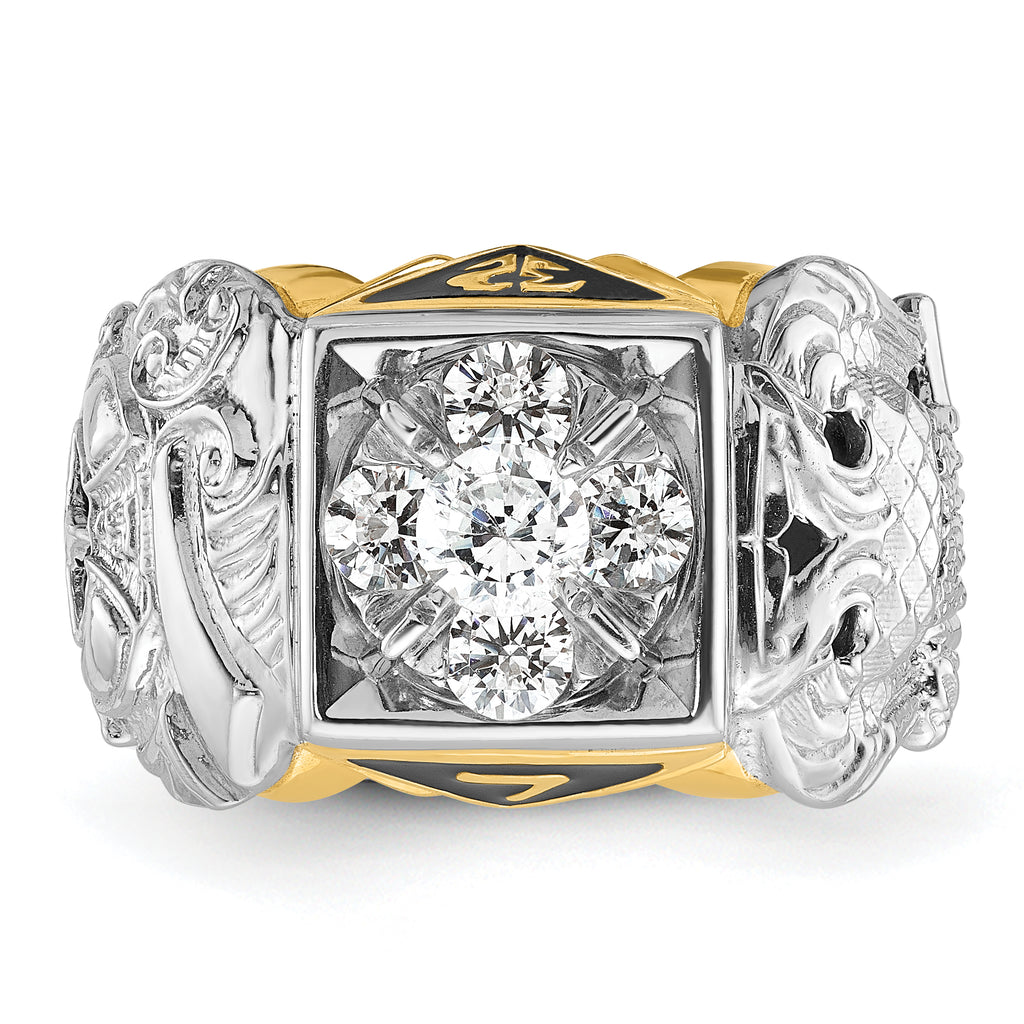 14k Two-tone Men's Polished and Textured with Black Enamel and Diamond Double Eagle Masonic Shriner's Ring