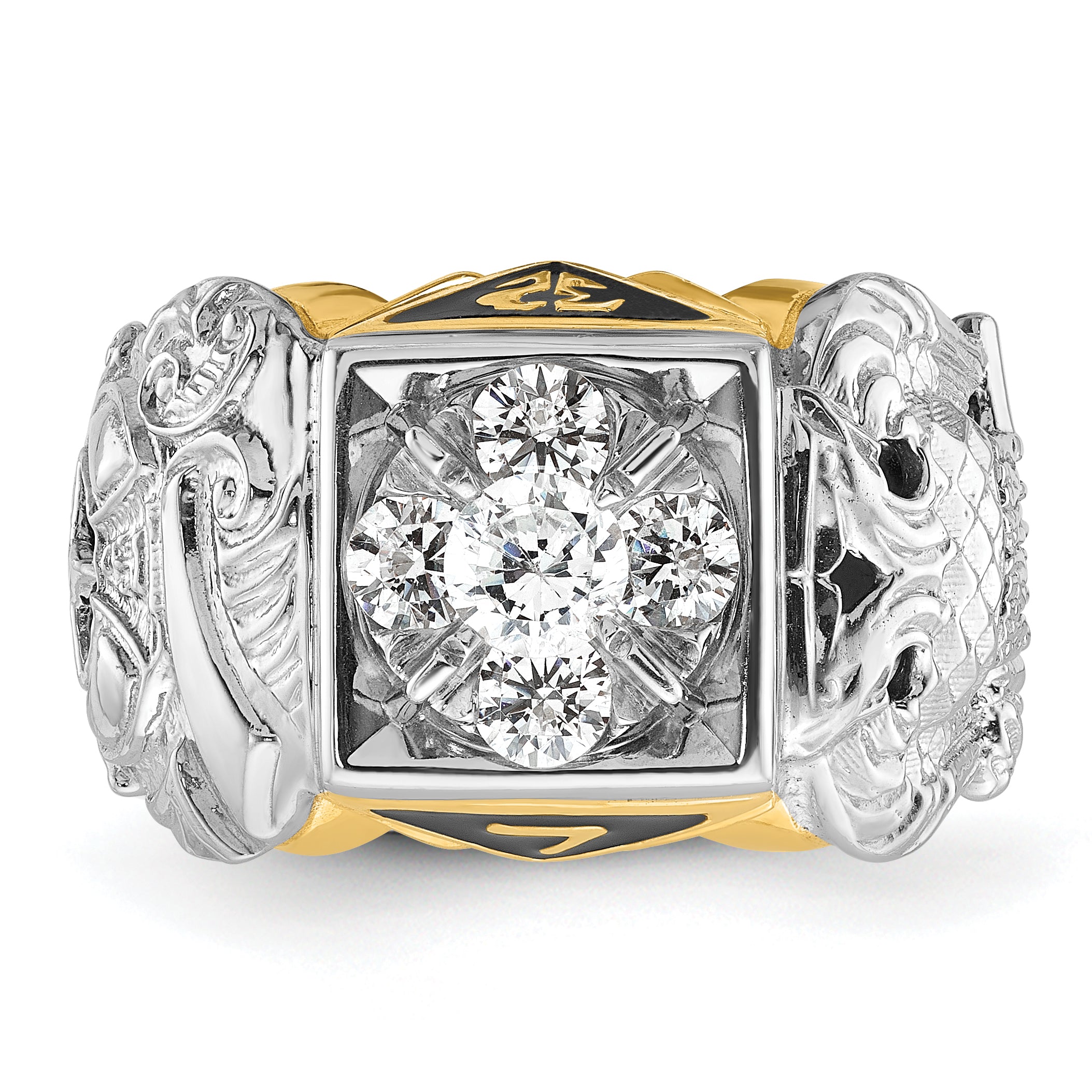 14k Two-tone Men's Polished and Textured with Black Enamel and Diamond Double Eagle Masonic Shriner's Ring