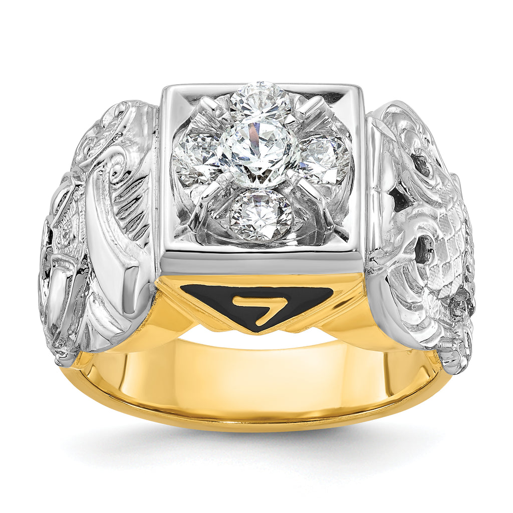 14k Two-tone Men's Polished and Textured with Black Enamel and Diamond Double Eagle Masonic Shriner's Ring