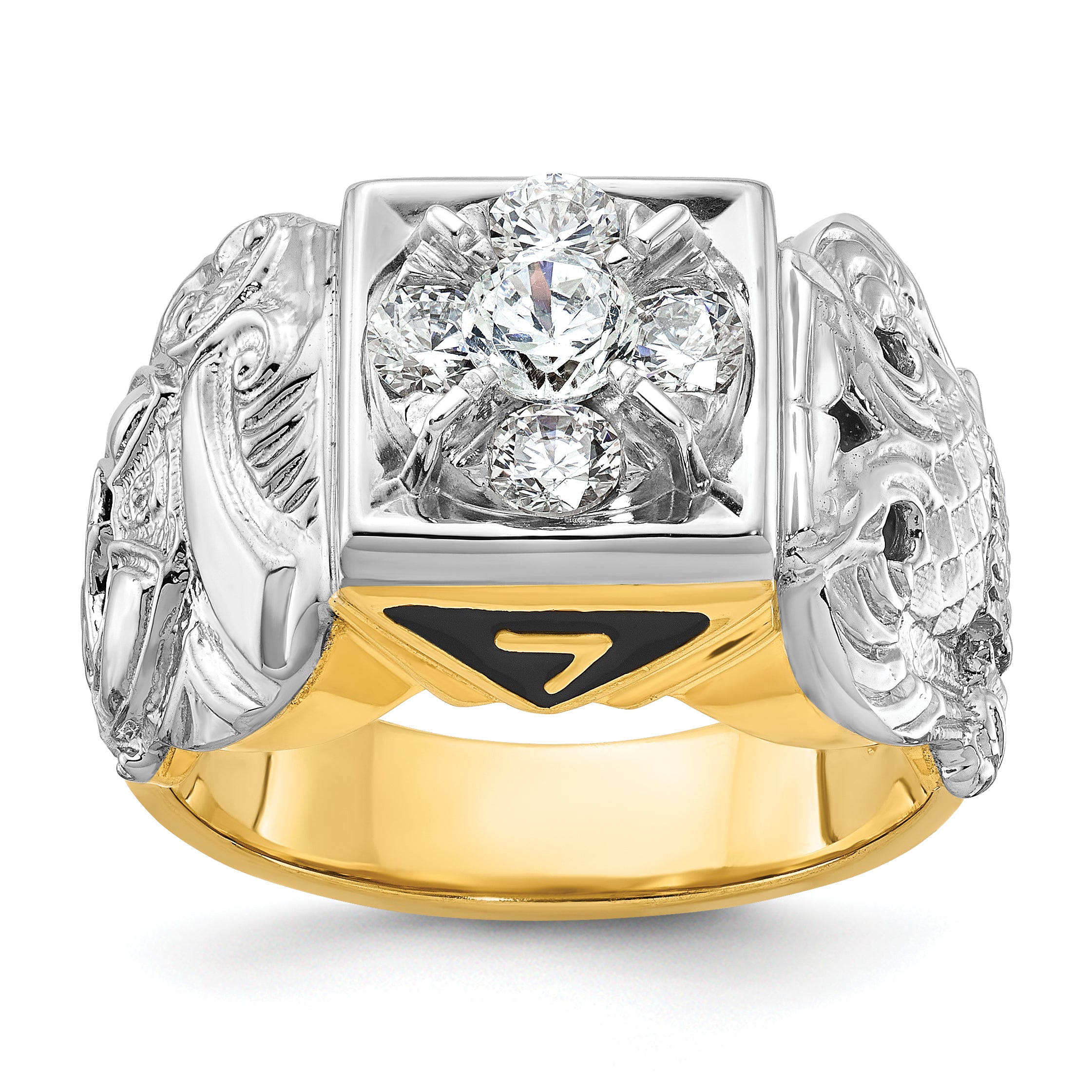 14k Two-tone Men's Polished and Textured with Black Enamel and Diamond Double Eagle Masonic Shriner's Ring