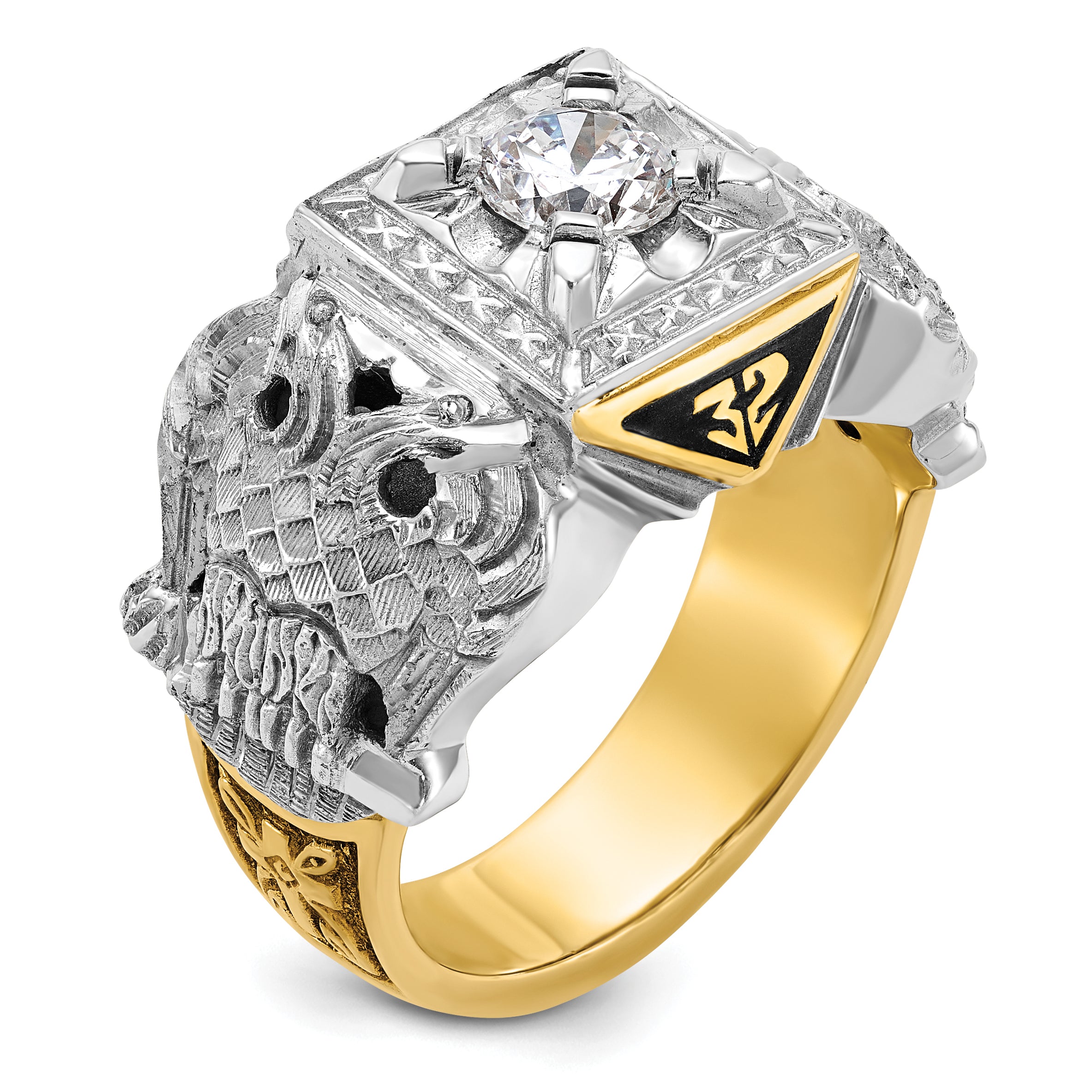 14k Two-tone Men's Polished and Textured with Black Enamel and Diamond Double Eagle Masonic Shriner' - Sophia Jewelers