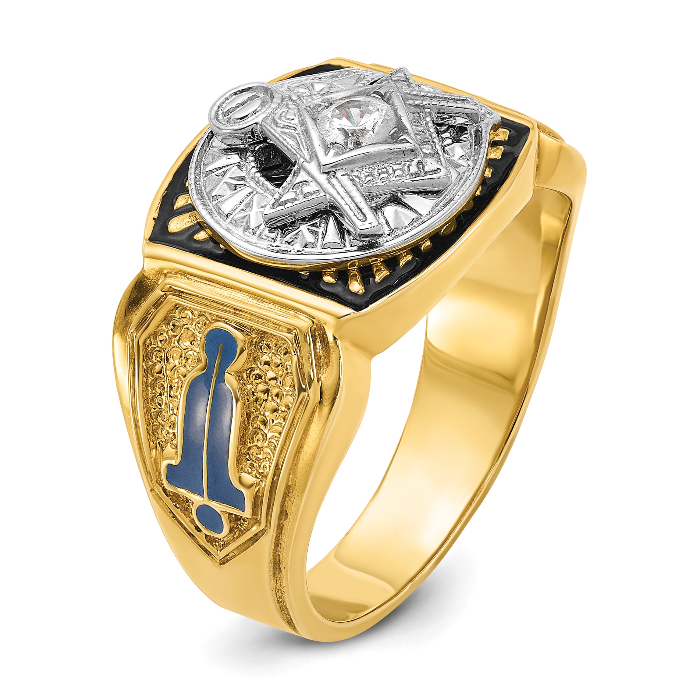 10k Two-tone Men's Polished and Textured with Blue and Black Enamel Diamond Blue Lodge Master Masonic Ring