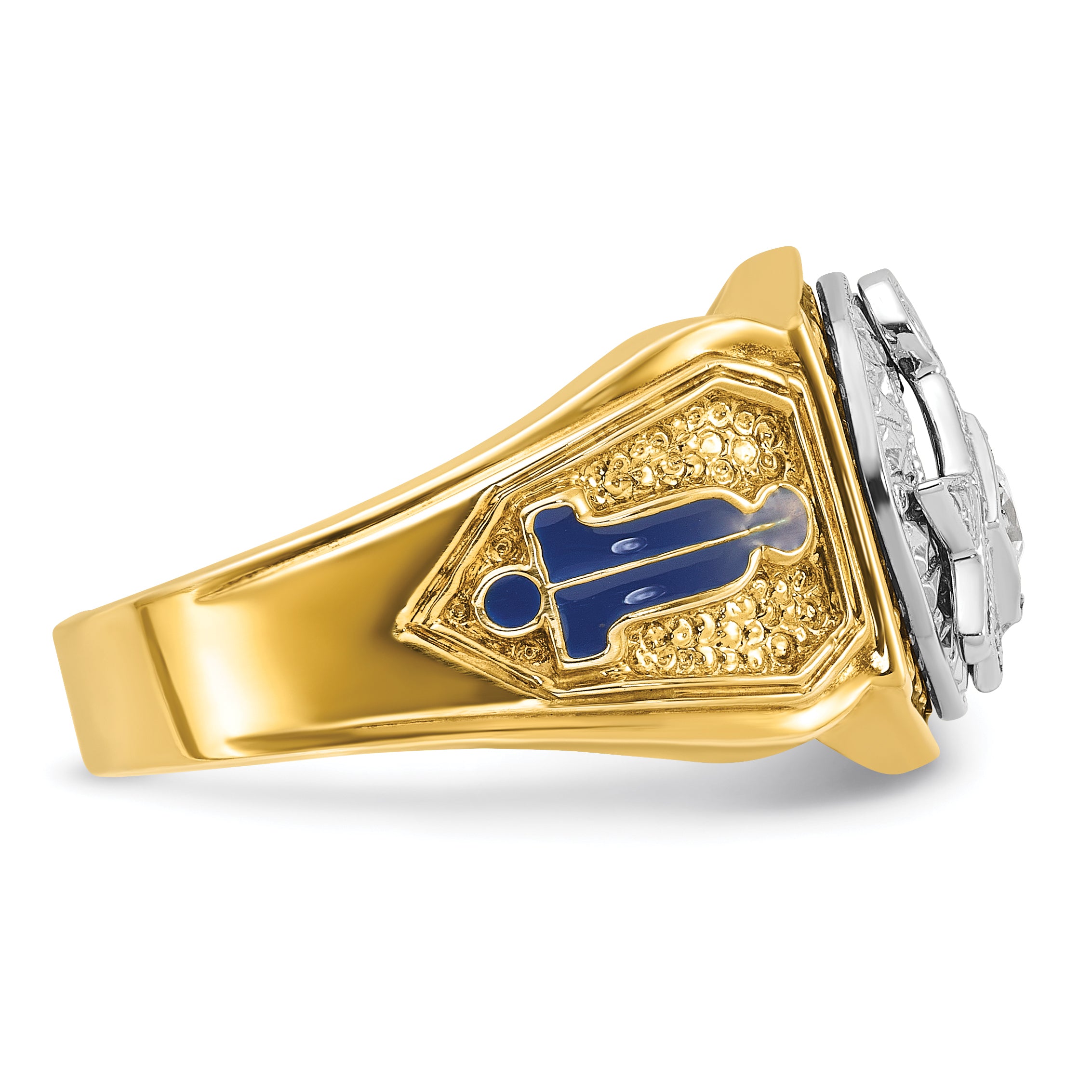 10k Two-tone Men's Polished and Textured with Blue and Black Enamel Diamond Blue Lodge Master Masonic Ring